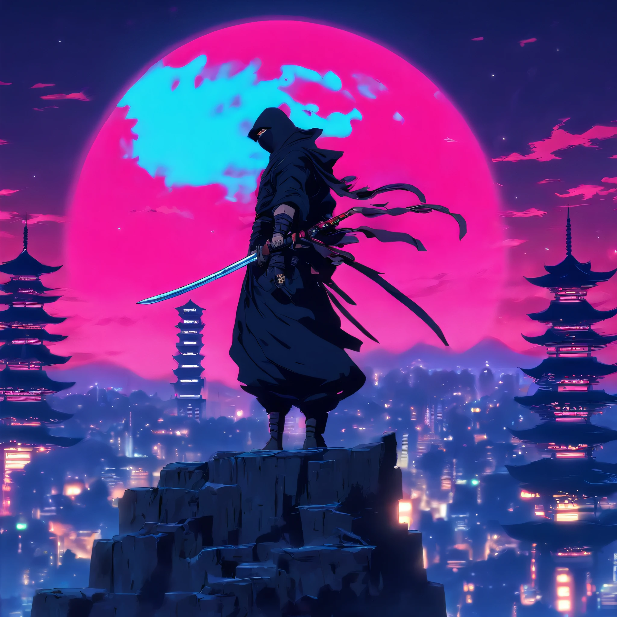A ninja, holding a kunai, standing on top of a building,night, surroundings illuminated by the blue moon, cinematic,