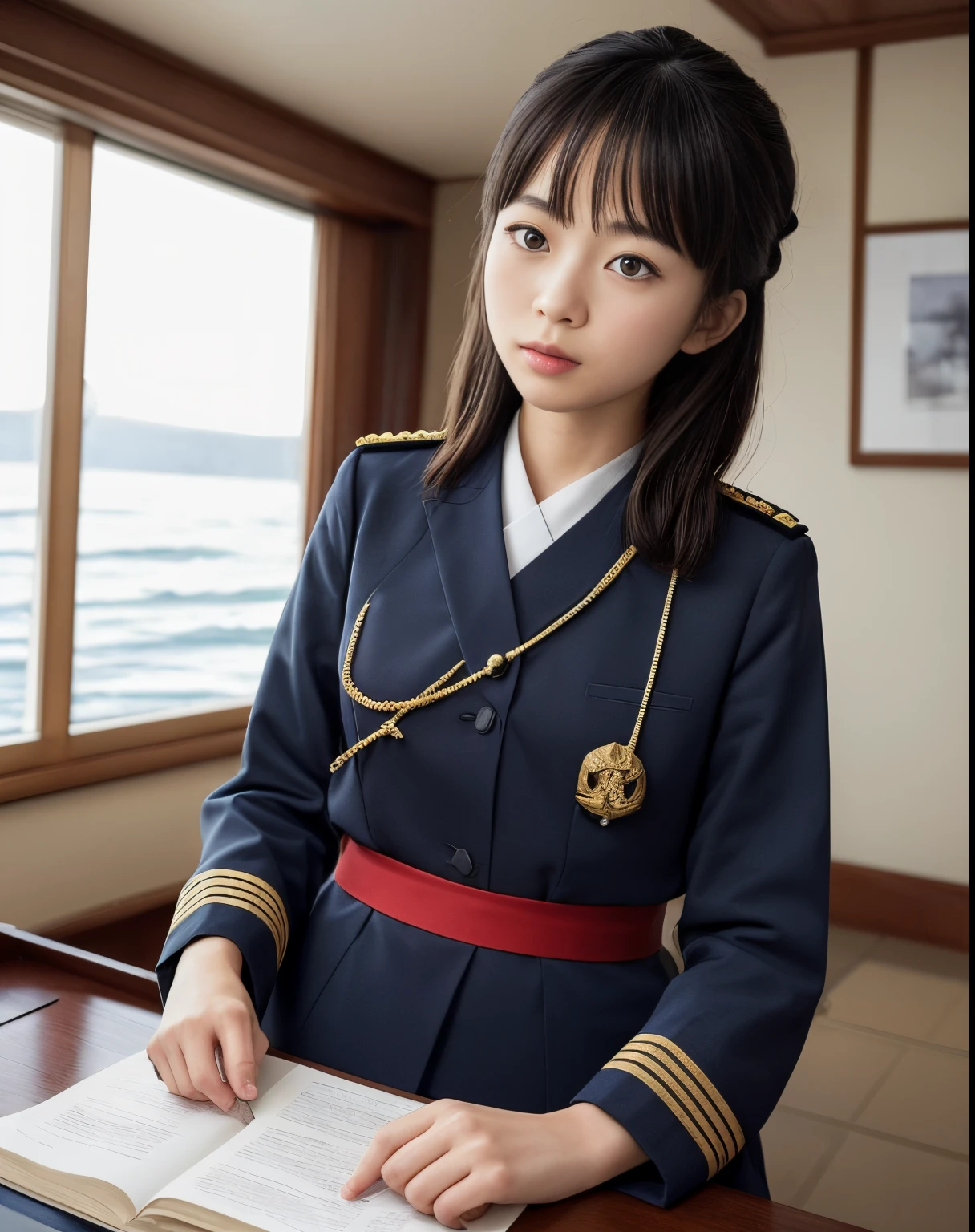 Young Japanese female admiral in navy uniform, masterpiece, Best Quality, in battleship officer room