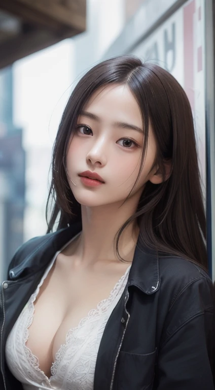 Photorealistic, masutepiece, Best Quality, Raw photo, 1girl in, Solo, Long hair, Brown hair, Detailed face, alluring face, Black Button-Up Shirt, medium breasts, Dynamic Pose, Looking at Viewer, From below, Detailed background, fine detailed, intricate detailes, Ray tracing, depth of fields, lowkey, nffsw、cleavage of the breast
