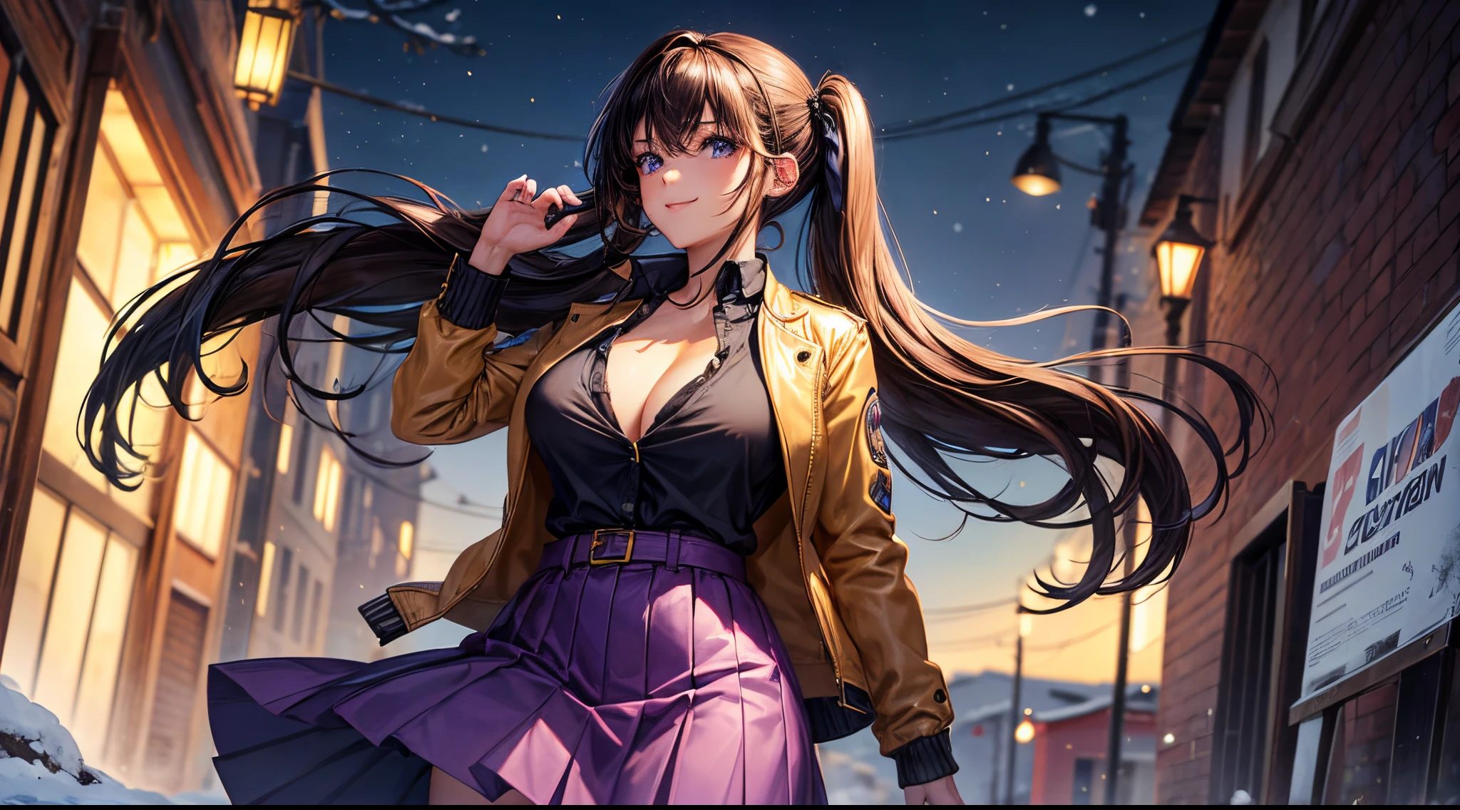 1woman, solo, full body, christmas, ((christmas tree)), street, night, lights, snow, long hair, pale brown hair, curly hair, twintail, large breasts, button down, ((opened brown zipper jacket)), dark blue eyes, ((purple shirt)), ((unbuttoned shirt)), ((long skirt)), smile, looking at the viewer, standing, hair ribbon, two strands of hair draped down the sides of her head