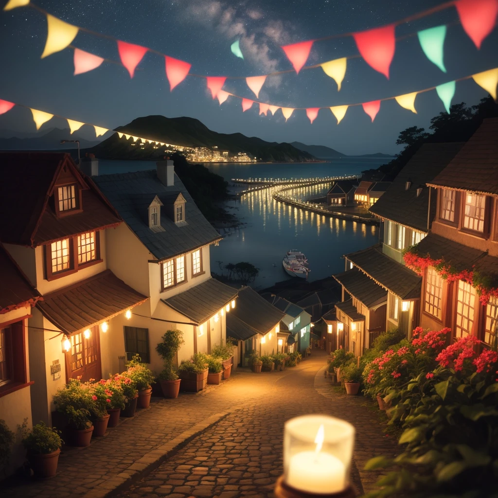 Island town at night,Bunting fluttering,Candlelight is gorgeous