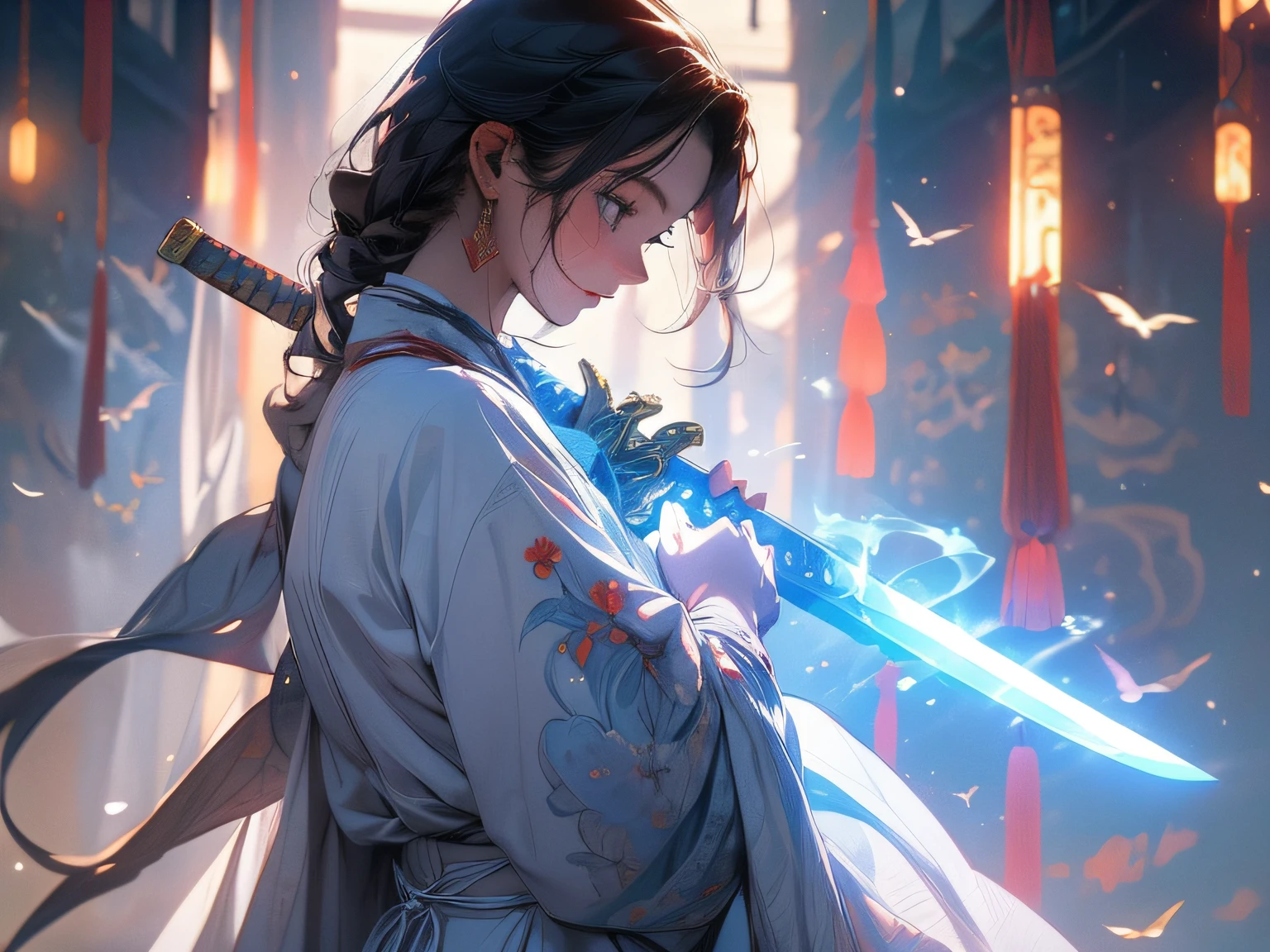One was dressed in a white robe、Man with sword