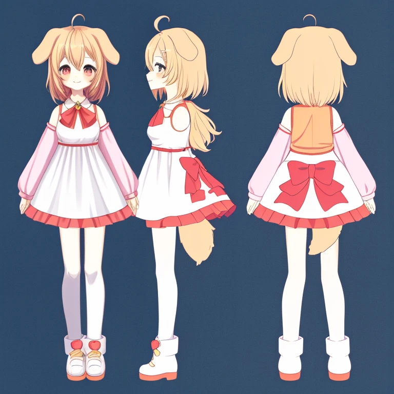 (masutepiece, Best Quality), Chara Sheet,Design drawings,White Dress,dog ears,Dog tail,Ahoge,cute little,Lori,small tits,Genki,Full body,high-level image quality,Vtuber,Seen from the side,mischief,closes mouth,A smile,