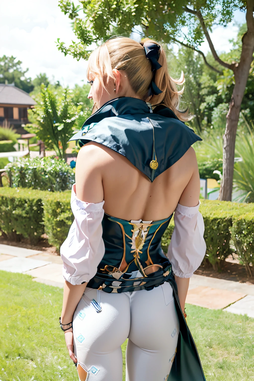 a beautiful blonde girl with gorgeous green eyes, viewed from behind in a full-body shot, with a radiant smile, a symmetrical face, and a perfect body with perfect proportions. Her long wavy blonde hair cascades down, and she has a stunning curvaceous figure. 

[illustration], (best quality:1.2), ultra-detailed, (realistic:1.37)

In the background, there is a vibrant garden filled with colorful flowers and lush greenery. The sunlight gently filters through the foliage, casting a soft and dreamy ambiance over the scene. The girl stands tall and confident, with her head held high, exuding grace and elegance.

Her eyes are beautifully detailed, captivating anyone who gazes into them. Her lips are also exquisitely detailed and perfectly shaped, adding to her overall allure. The intricate details of her eyes and lips bring a sense of realism and depth to the artwork.

She is dressed in a stylish outfit that complements her beauty and adds to the overall aesthetic of the image. The colors of her clothes are carefully chosen to enhance the composition, creating a harmonious balance between the subject and the background.

The artwork is created using a combination of traditional and digital techniques, resulting in a seamless blend of classic and contemporary elements. The high-resolution rendering ensures every brushstroke and detail is captured with precision and clarity.

The overall tone of the image is warm and inviting, with a soft color palette that accentuates the girl's natural beauty. The lighting is expertly crafted to create a sense of depth and dimension, highlighting the girl's features and adding a touch of magic to the scene.

With its meticulous attention to detail, vibrant colors, and masterful composition, this artwork is a true masterpiece that captures the essence of beauty and grace. It showcases the talent and skill of the artist, leaving a lasting impression on anyone who beholds it.