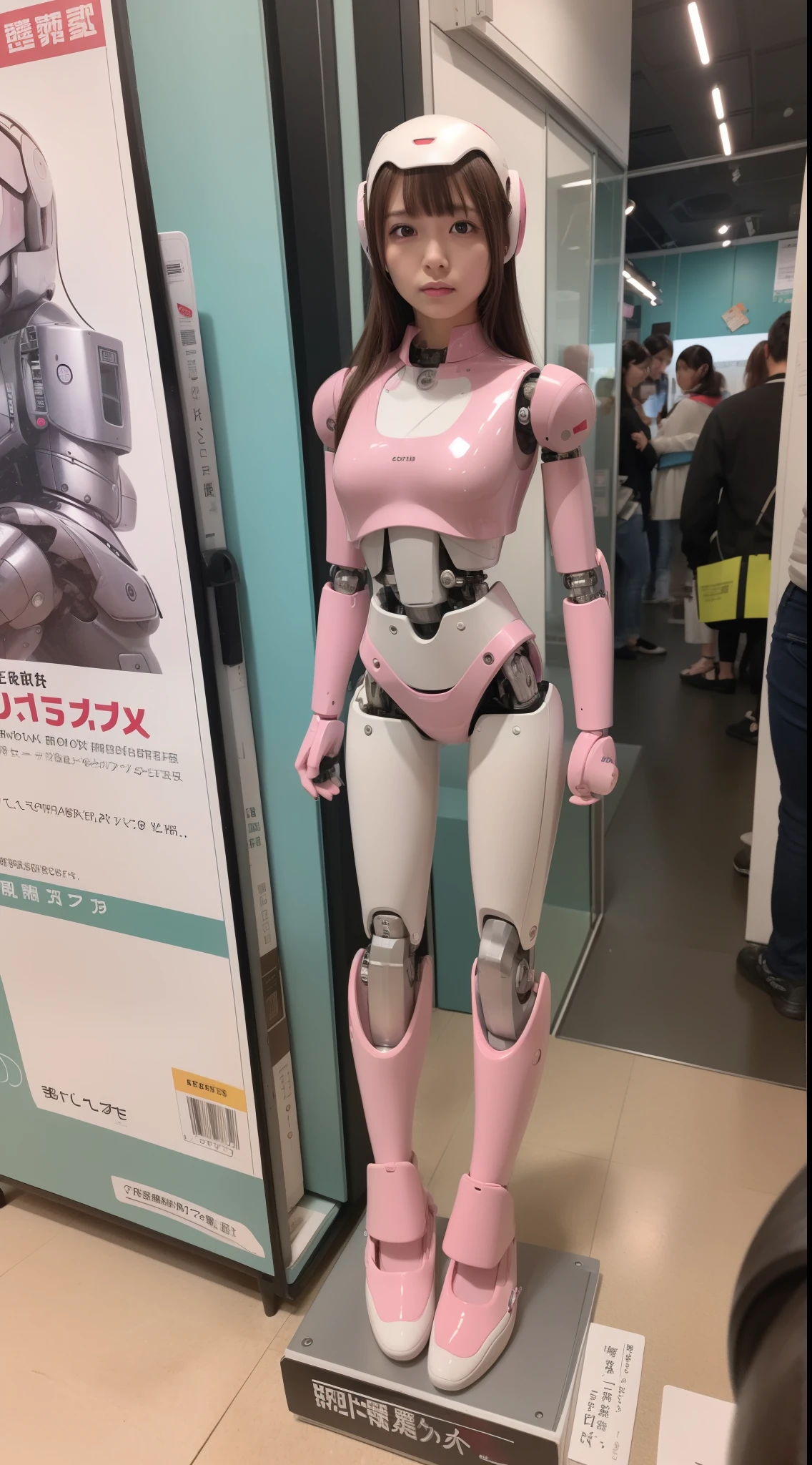 robot girl, pink there, Silver, Metallic body, Robot Parts, Metal Parts, Super Detailed Face, Super well-formed face, of the highest quality, a small face, a small head, Brown hair, slender body, Camera gaze, Internal Mechanical Exposure, Idol, Well-proportioned body, gravure, Photo session, Akihabara, Moe Pose, Standing with legs open, Model body type, sad, Embarrassing,(Perfect Robot Girl),(Perfect machine body)