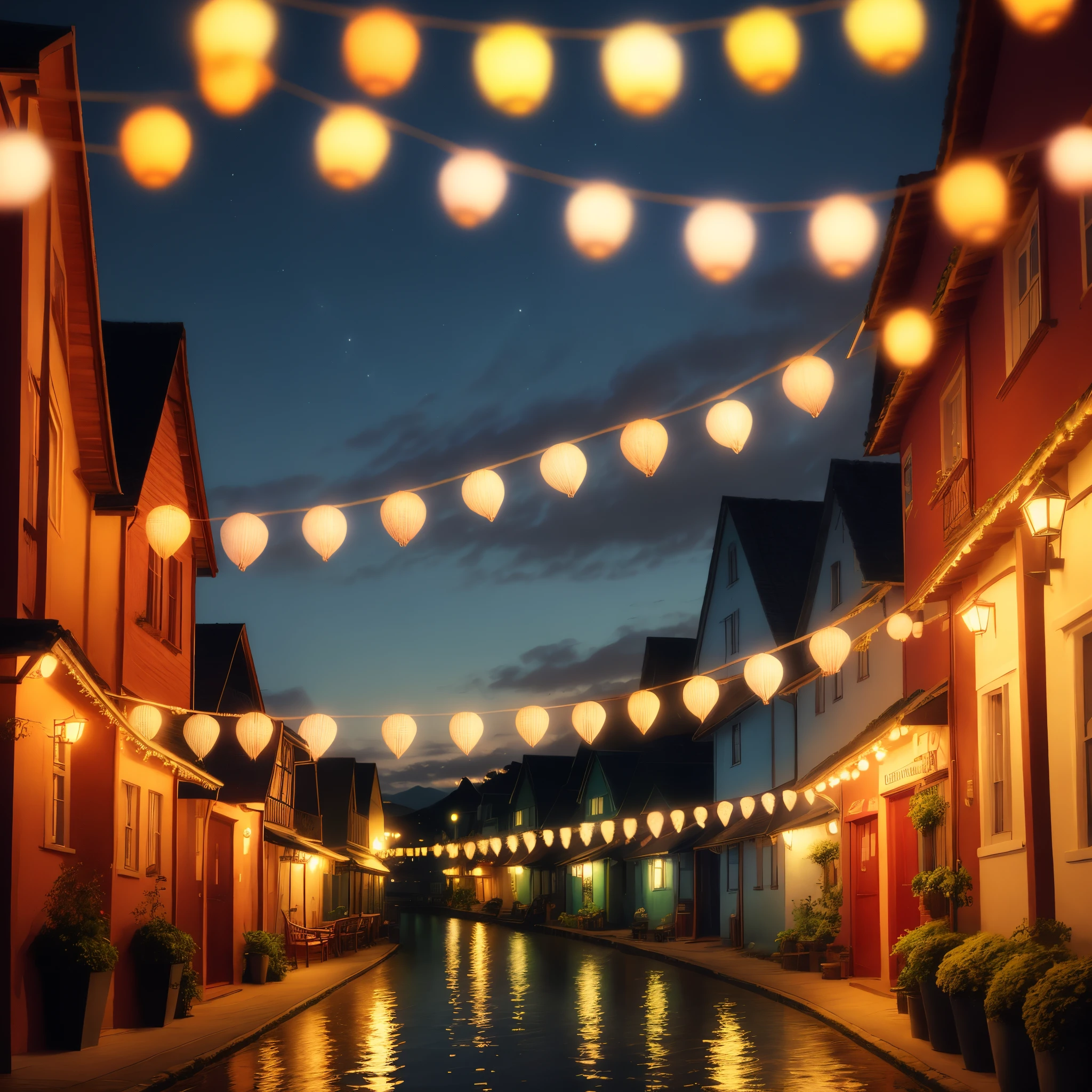 Island town at night,Bunting fluttering,Candlelight is gorgeous