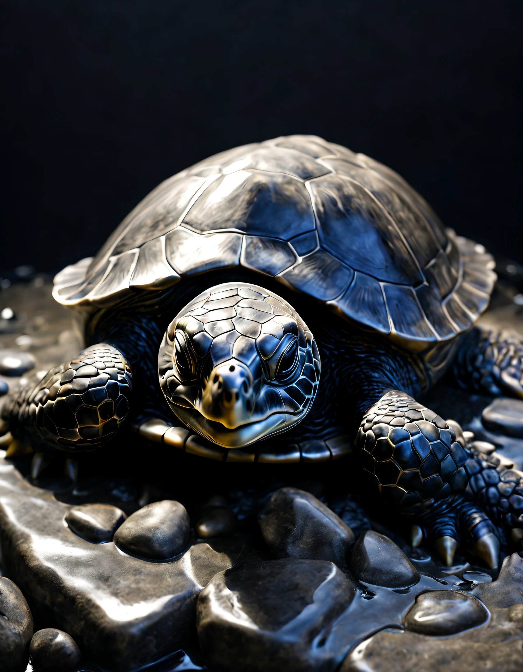 Chiaroscuro black sea turtle ,stone monument, Hard keys,side lights, ferocious, moodiness, Wet with, Sateen, Shiny, ultra-realistic realism, 电影灯光