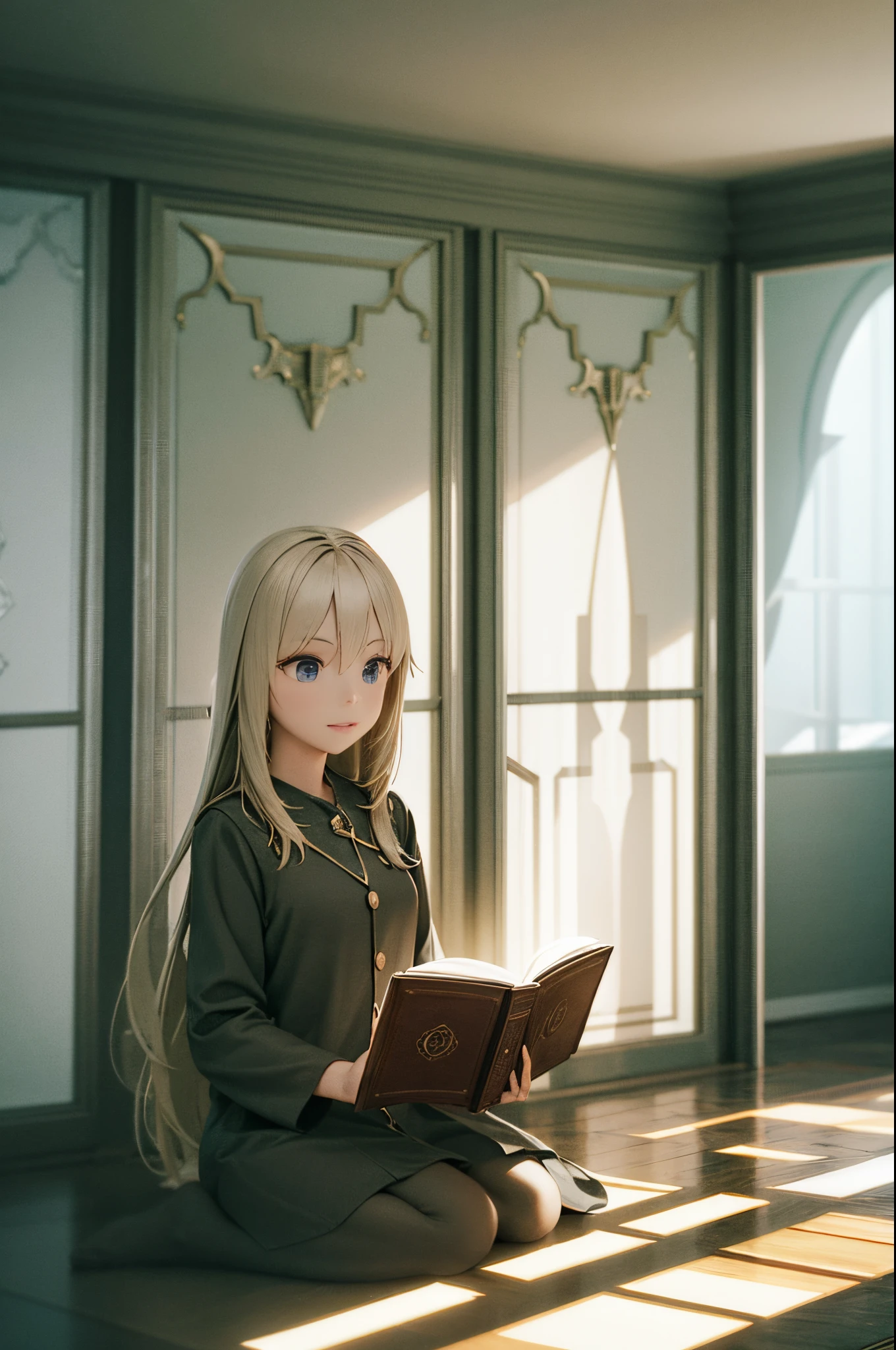3D, personality: [Show a medium shot of Sarah sitting cross-legged on the living room floor, engrossed in the magic book. Her eyes should be wide with curiosity and excitement as she flips a page and discovers something amazing. The cozy ambiance of the room and the sunlight streaming through the window should create a warm and inviting atmosphere] unreal engine, hyper real