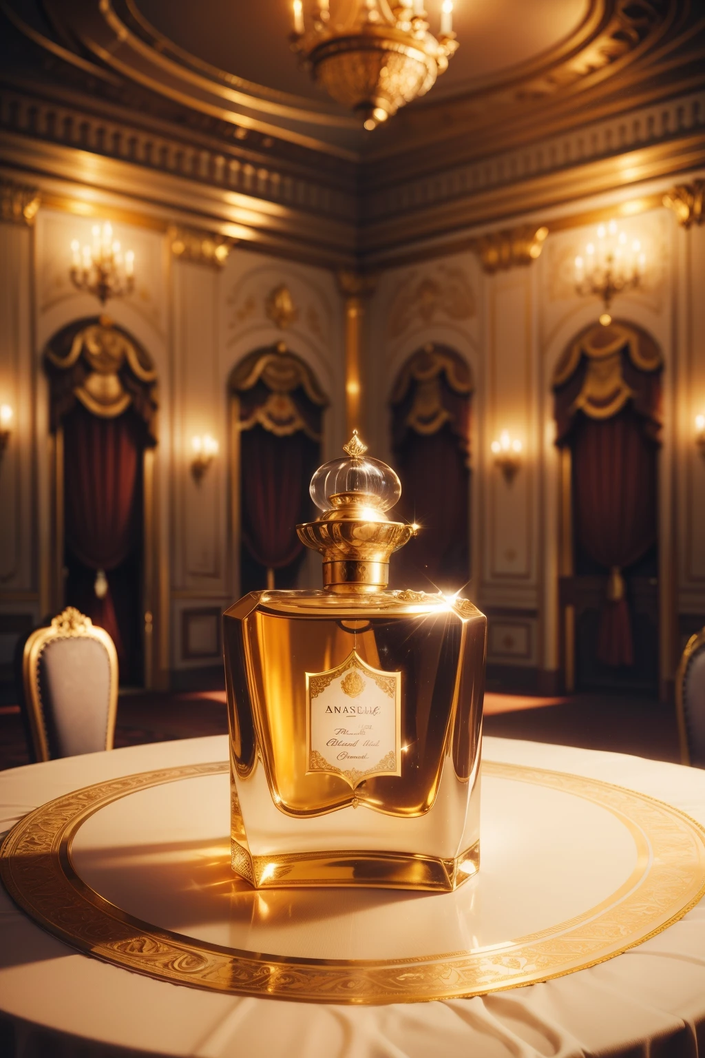 antique vintage perfume bottle in a royal setting, daylight, royal room with gold ceiling, royal castle, vintage perfume bottle on a table in a royal room, anrique