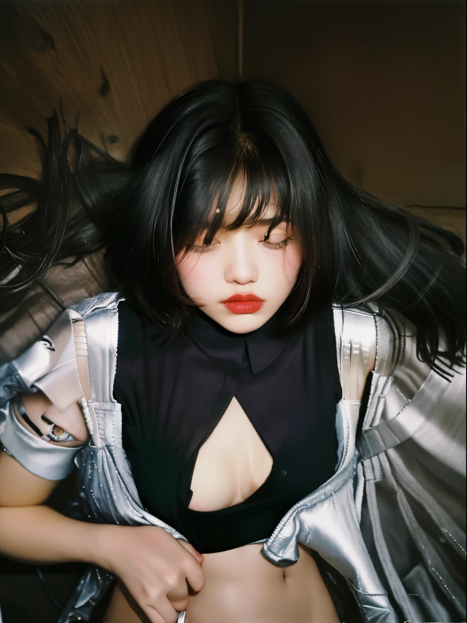 tmasterpiece, RAW photogr, Film photos, Flash photos of the 90s, 1个Giant Breast Girl, empty road, beuaty girl, sin front of camera,short detailed hair, black shirt,
