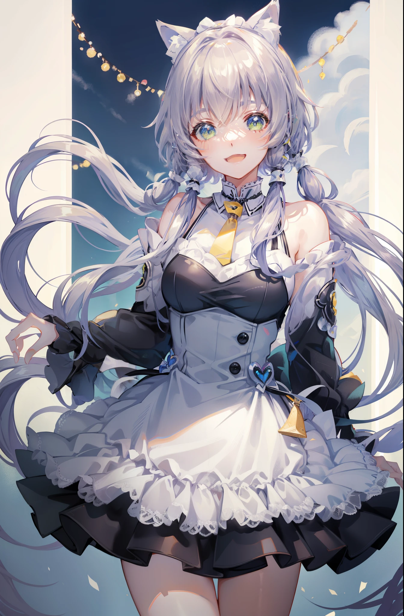 cat ear，a cat tail，the maid outfit，Black and white dress，Large apron，adolable，laughing joyfully，Maid lace hairpin，Lace edges