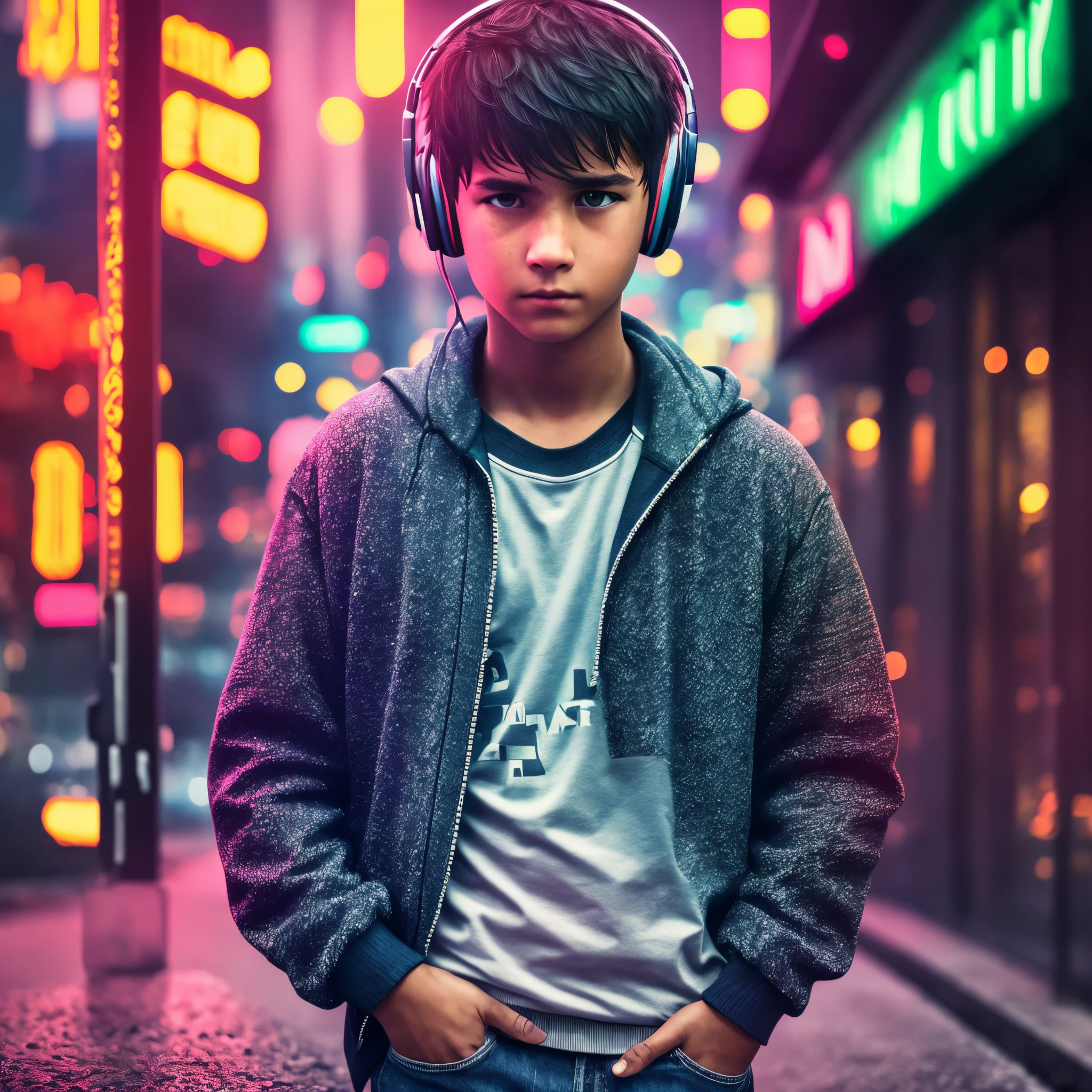 A boy is standing on the side of the road, looked right, under a canopy, wearing sweater, jeans, headphones, upset, silent, buses are moving on the road, private cars are moving, cyberpunk, neon colour, neonpunk, Ultra realistic, full hd, full realistic, simple close-up, --auto --s2