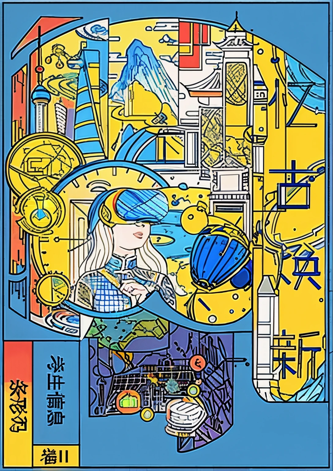a coloring page,A woman above looks at future city landmarks,Smart living,Inheritance,Graphic design,2D design,minimalist,illustratio,
smart city,China daily poster style blue yellow and red poster art illustration, coloring sheet,china daily style, Inspired by poster poster illustration, full page illustration, Linear plot, inspiration line art behavior hd, Line art coloring page,blue yellow red
