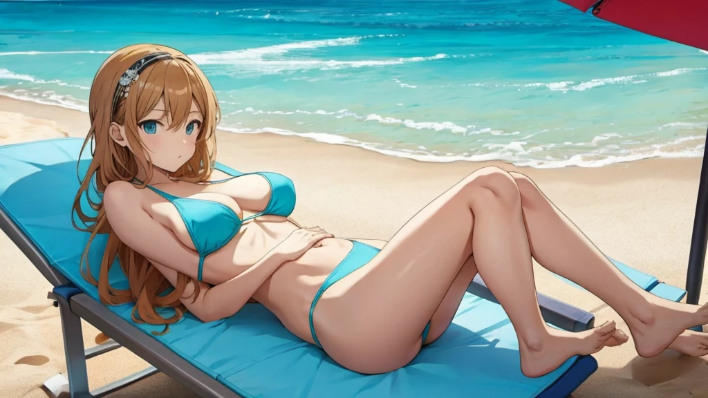 Anime character sitting on a beach chair,The background is a ball, On the sandy beach, On the sandy beach, on a sunny beach, in beach, On the sandy beach, stranding, relaxing at the beach, Two anime beauties,Large breasts,blackstockings,All wearing black stockings,All lying on beach chairs,One's breasts are placed on the breasts of another beautiful girl,A person wearing a light blue mini bikini,Another person is wearing a green bikini