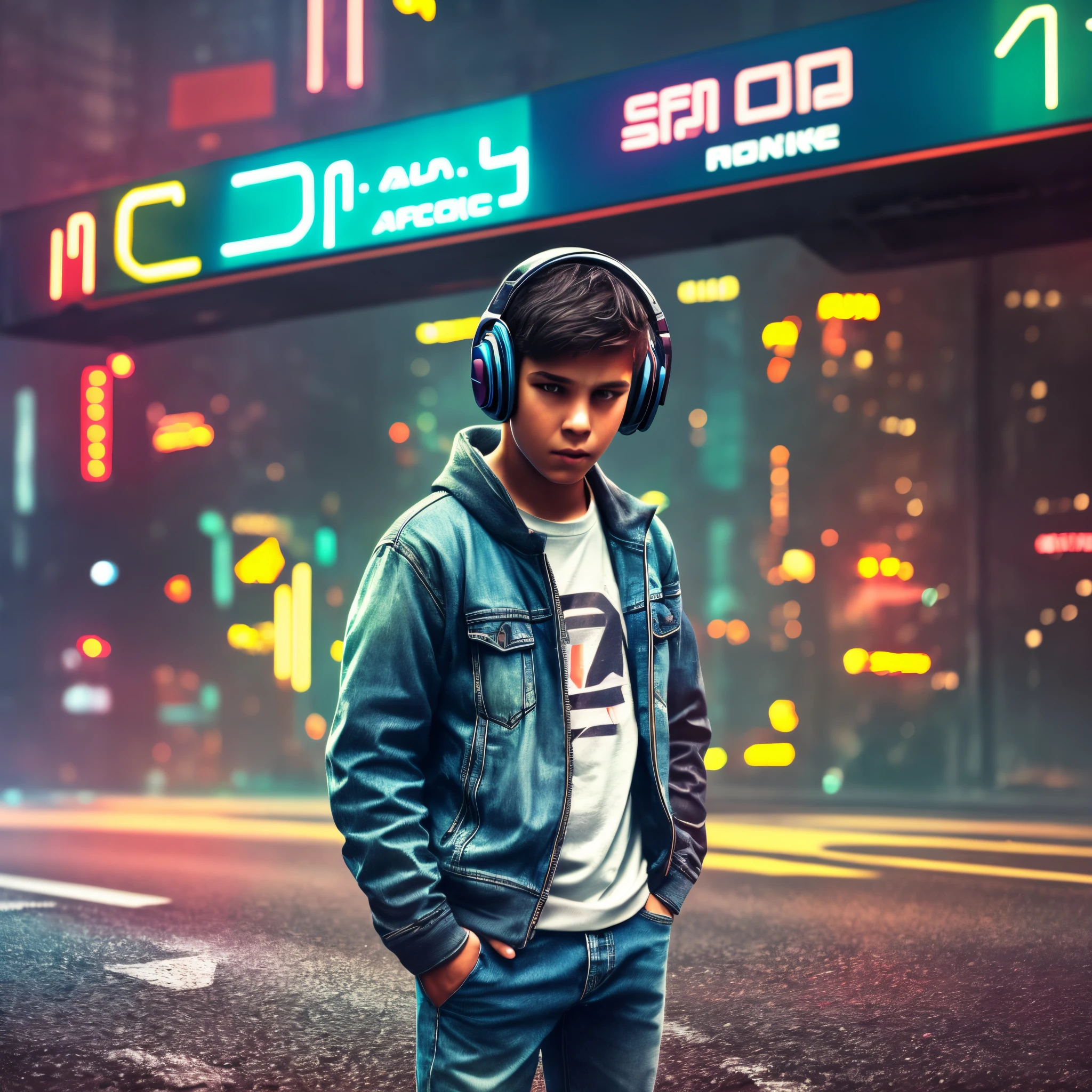 A boy is standing on the side of the road, looked right, under a canopy, wearing sweater, jeans, headphones, upset, silent, buses are moving on the road, private cars are moving, cyberpunk, neon colour, neonpunk, Ultra realistic, full hd, full realistic, simple close-up, --auto --s2