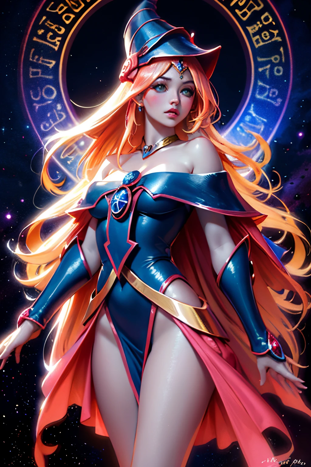 Giles magos oscuros. magos oscuros. ojos azules. cabello rubio. labios rojos. Detailed features.., cosmic colors, Ethereal lighting, Pintura surrealista, High resolution, Otherworldly atmosphere, Seres celestiales. Hermosa diosa