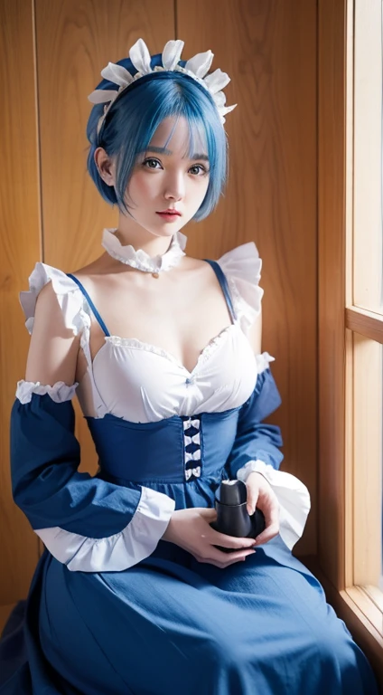 1 girl, maid outfit, short light blue hair, black outfit, maid outfit, bed, exposed shoulders, blue eyes, hairpins, full body, sitting on bed, ((bangs comb on right))), window, sunlight