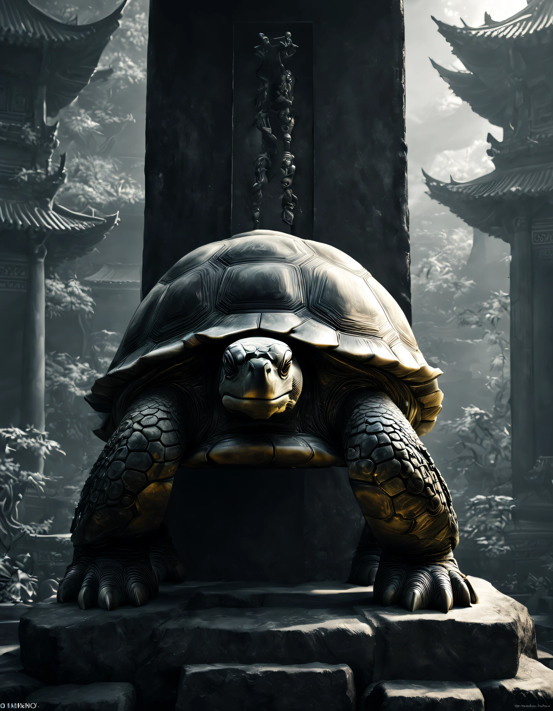 A turtle，A huge ancient Chinese Huabiao pillar，lightand shade contrast，Black and White Ultra HD Photography, Hard keys，Side seams, Wet with, Sateen, Shiny, ultra-realistic realism,, 电影灯光