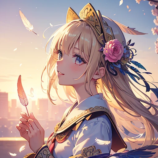 1girl in, masutepiece, Best Quality, Photorealistic, feather, Transparent wings、Glowing wings、wide spread wings, Academic Gowns, Academic Lobe, Mortarboard, Square Cap, university campus, cherryblossom, Smiling, Detailed uniforms, look at viewr, (Sigma 85mm f1.4), depth of fields, Bokeh, Detailed photorealistic backgrounds, diffused natural sunlight, diffused natural skin glow, Face Focus, Extremely detailed, (Abstract background, Zentangle, Fractal Art:1.3), (Many colors, Colorful:1.1), (Feathers, flower petals, Flowers:1.3),