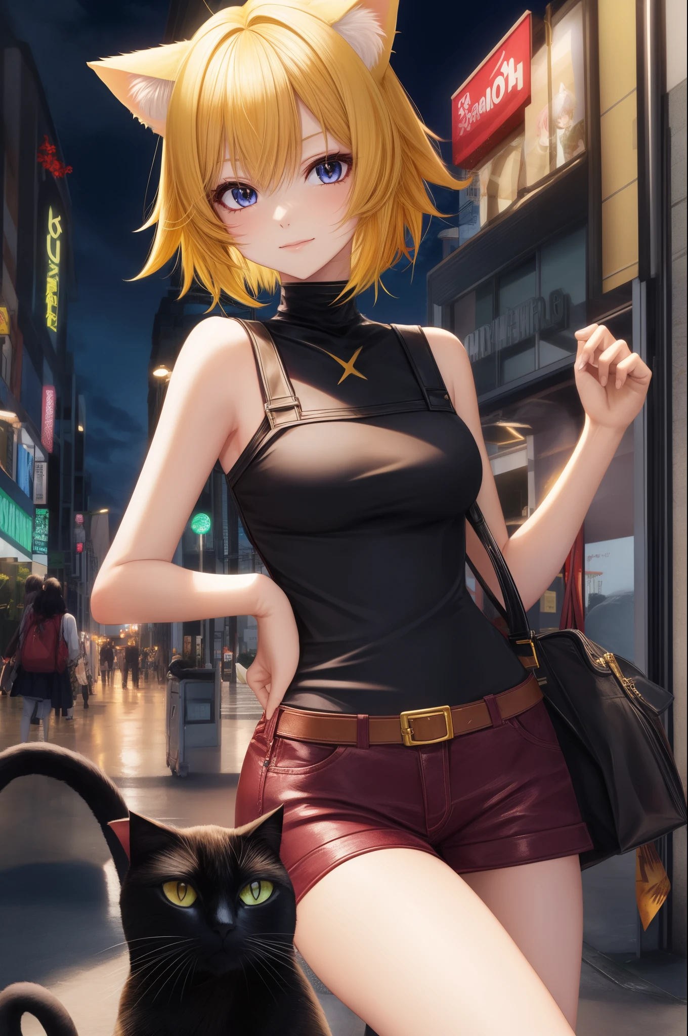 Anime girl, yellow hair, cat ears and cat tails, black eyes, short hair