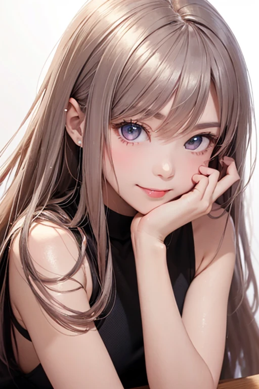in 8K、top-quality、masutepiece、An ultra-high picture quality、ultra-detailliert、Ultra-realistic hair quality、silber hair、A smile、pink sparkling eyes、pink tongue、Ultra-realistic flesh feeling、Red cheeks、Beautuful Women、Beautiful long hair、smooth hair、detailed hairs、shinny skin、Put your hands on your face、Look at viewers、white backgrounid、solidbackground、 simple background、Elbows on the desk、White trainers
