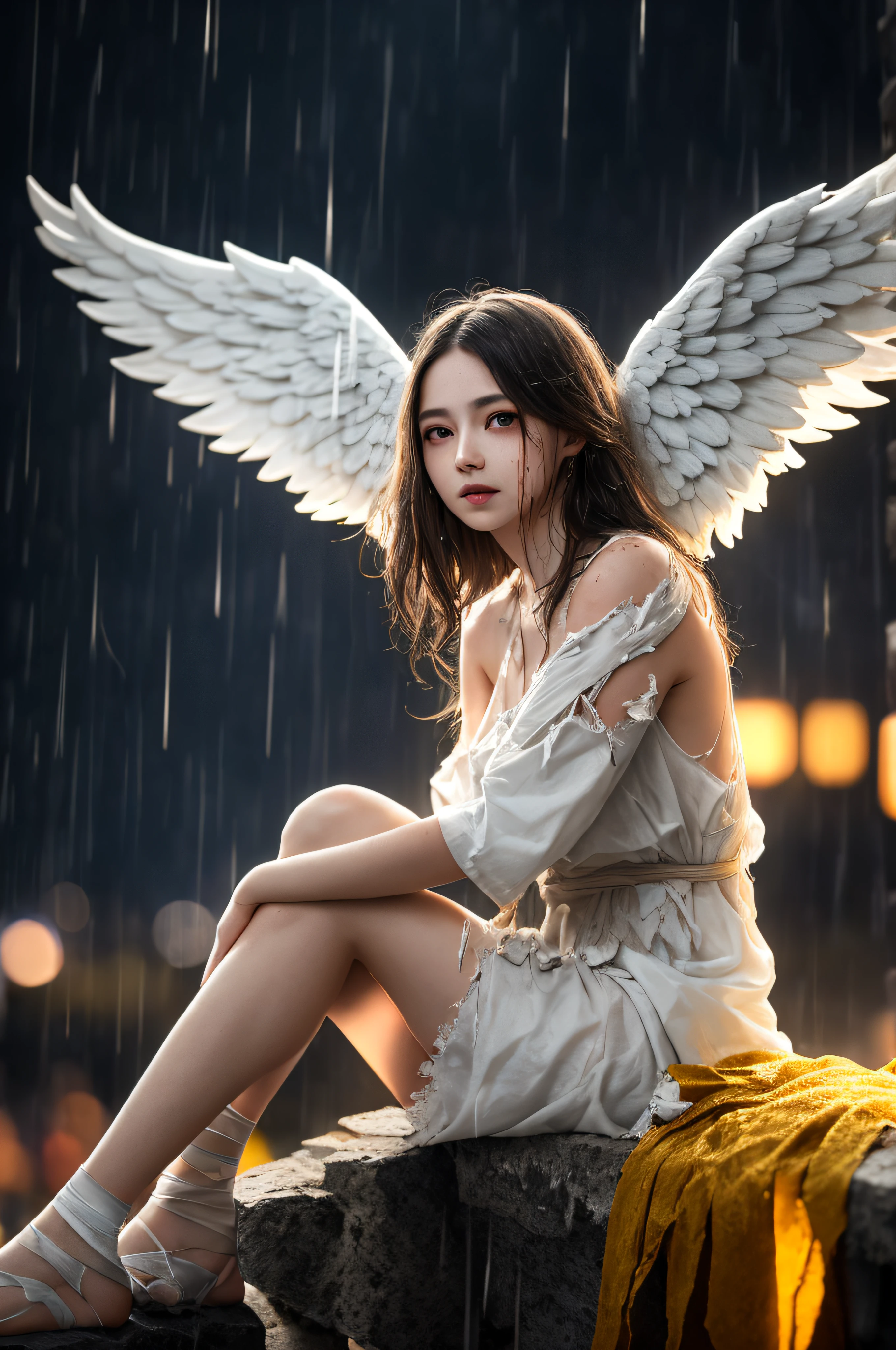 a woman with angel wings, in a white dirty torn dress with bandages on her arms and legs, sitting on a ledge, sitting against the background of yellow and blue lights, rain, muted colors, bokeh ((masterpiece, best quality)), high detail, detailed face, blood particles, full body