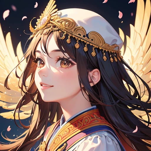 1girl in, masutepiece, Best Quality, Photorealistic, angelicales, Spreading its golden, transparent wings wide, Academic Gowns, Academic Lobe, Mortarboard, Square Cap, university campus, cherryblossom, Smiling, Detailed uniforms, look at viewr, (Sigma 85mm f1.4), depth of fields, Bokeh, Detailed photorealistic backgrounds, diffused natural sunlight, diffused natural skin glow, Face Focus, Extremely detailed, (Abstract background, Zentangle, Fractal Art:1.3), (Many colors, Colorful:1.1), (Feathers, flower petals, Flowers:1.3),