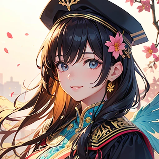 1girl in, masutepiece, Best Quality, Photorealistic, angelicales, Spreading its golden, transparent wings wide, Academic Gowns, Academic Lobe, Mortarboard, Square Cap, university campus, cherryblossom, Smiling, Detailed uniforms, look at viewr, (Sigma 85mm f1.4), depth of fields, Bokeh, Detailed photorealistic backgrounds, diffused natural sunlight, diffused natural skin glow, Face Focus, Extremely detailed, (Abstract background, Zentangle, Fractal Art:1.3), (Many colors, Colorful:1.1), (Feathers, flower petals, Flowers:1.3),