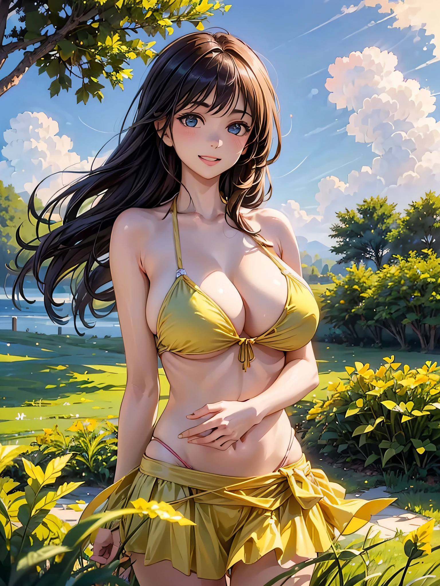 (2girls:1.5), Goddess, Extremely cute, Amazing face and eyes, (Beautiful lovely smile), (extremely detailed beautiful face), bright and shiny lips,  Keep staring at me, Super beautiful, big breasts, (cute bikini:1.3), (Best Quality:1.4), (hyper quality), (Ultra-detailed), (Hyper-realistic, Photorealsitic:1.37), Authentic skin texture, Highly detailed CG integrated 8k wallpapers, RAW Photos, professional photograpy, Cinematic lighting, brilliance, youth, grassland, wind, Magnificent, great, transcendental scale, Breeze, refreshing, Feeling of freedom, exposing