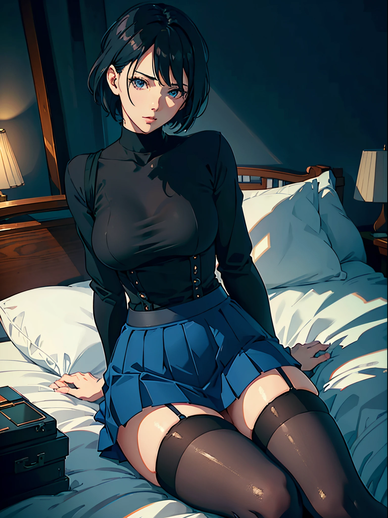 woman wearing blue suspender tight skirt，He wears black stockings on his legs，sit on a bed，The figure is good，The head is not exposed，[ 4K realism ]!!, [ 4K realism ]!!!, [ 4K digital art ]!!, Realistic shadow perfect body, realisticlying!!!!!!!art-style， photorealistic anime， by Shitao， Popular topics on cgstation， Casual pose， realistic anime 3D style