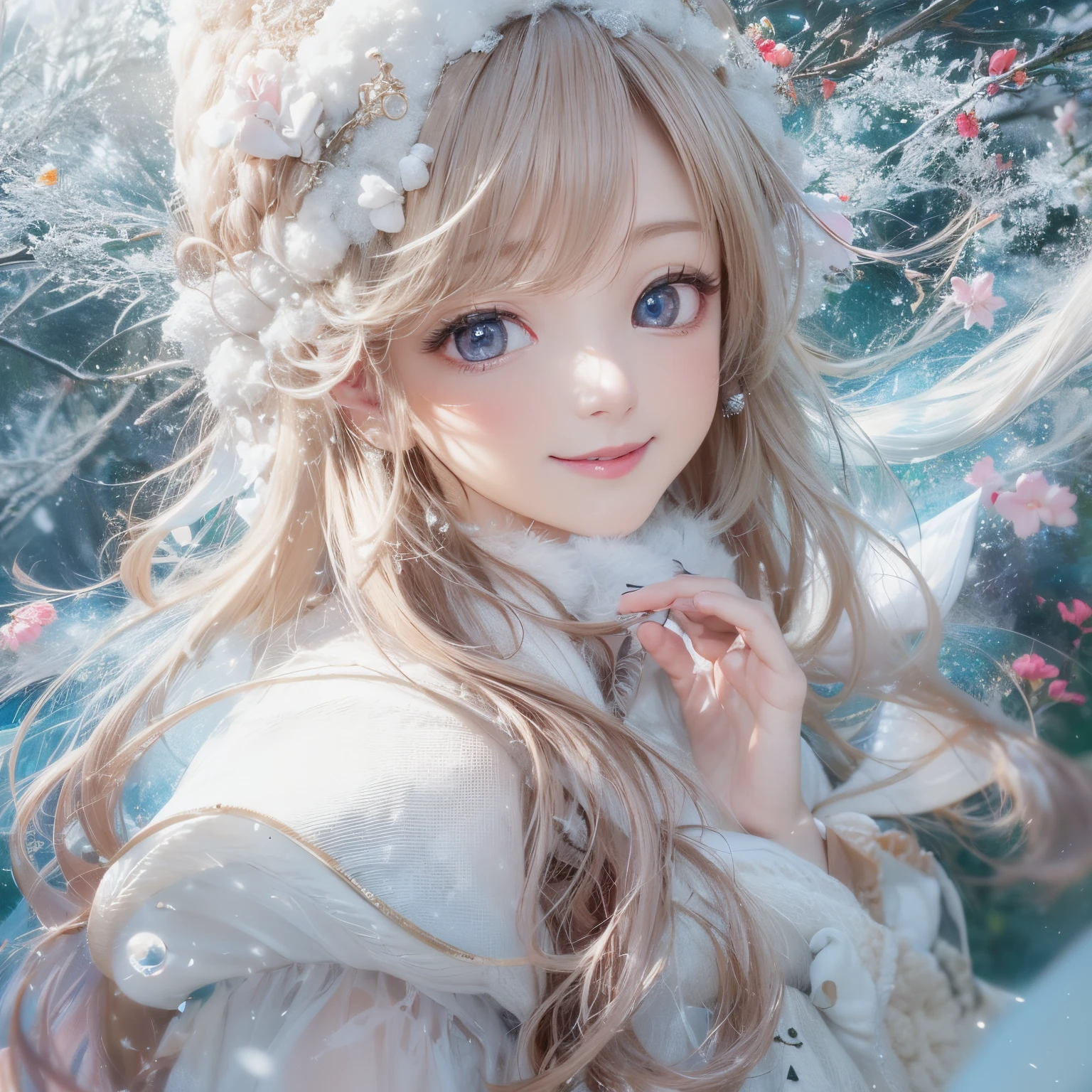 Sakura Miyawaki , smiling face looking up、natural make up、Glossy lips、Snow Fairy、Snow Girl、Snow Costume、Cosplay、(realisitic、hight resolution)、(1 girl in)、Snow Girl、Do-Up Eye、Sakura Miyawaki, girl with、(Best Quality), (masutepiece), (1girl in), Solo, a beauty girl, Perfect face, dreamlikeart、Highly detailed airbrush art((Surreal))、Volumetric lighting、(top-quality)、The ultra-detailliert、(The composition of the movement:1.4)、Highly detailed colorful details、(Bright lighting)、dynamic compositions、Ray traching、The mirror reflects light、Shallow depth of field、ultra-detailliert、mixing exposure、nffsw、Her eyes are shining、Her face is full of anticipation and courage、A smile appears on the lips of a girl。 At the rear、snow mountains、snow mountains、snow mountains、