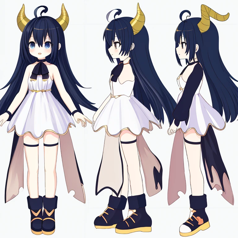 (masutepiece, Best Quality), Chara Sheet,Design drawings,White Dress,Ahoge,cute little,Lori,small tits,Genki,Full body,high-level image quality,Vtuber,Seen from the side,mischief,closes mouth,Keep it simple, small horn,electric shock