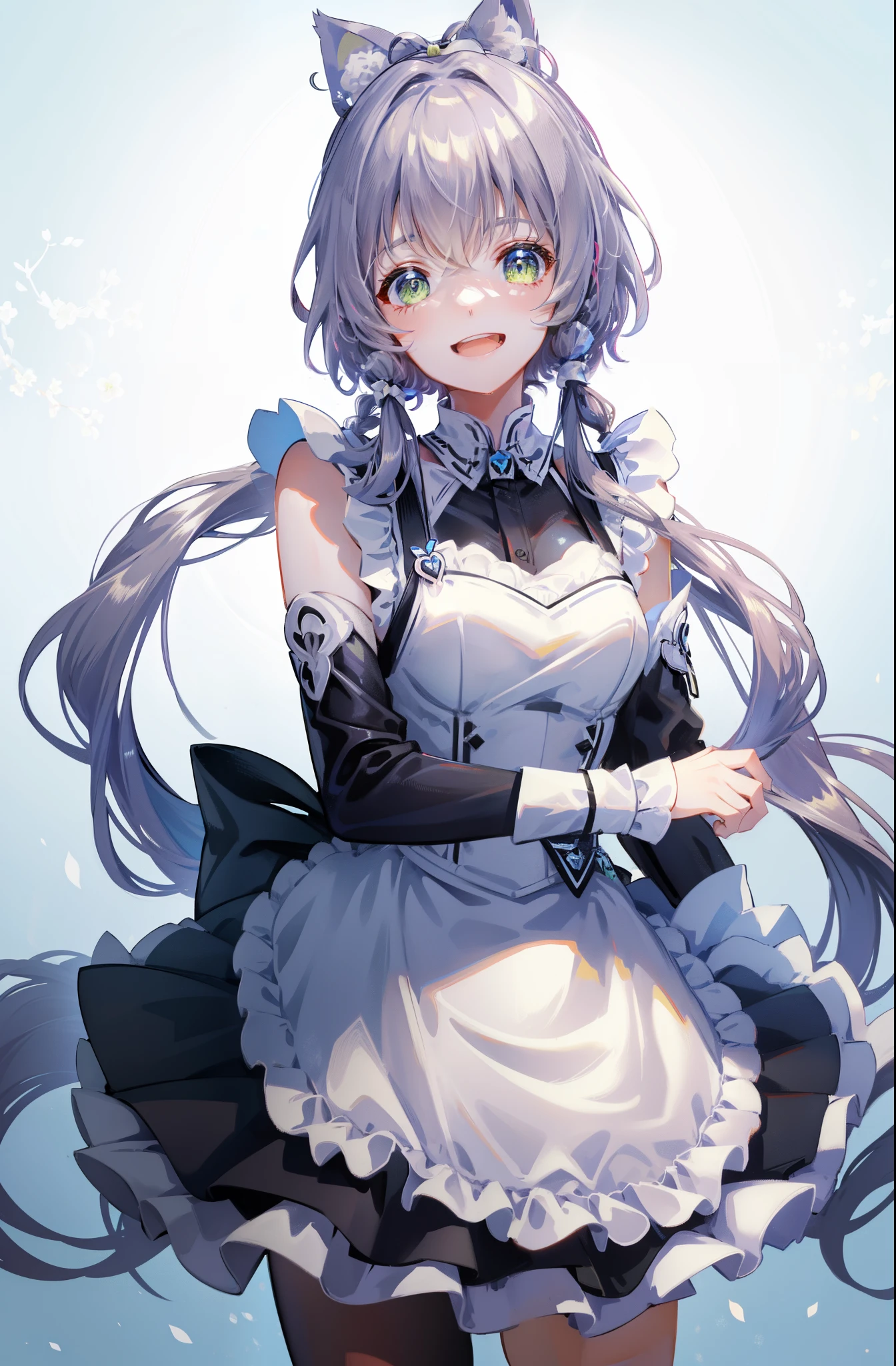 cat ear，a cat tail，the maid outfit，Black and white dress，Large apron，adolable，laughing joyfully，Maid lace hairpin，Lace edges