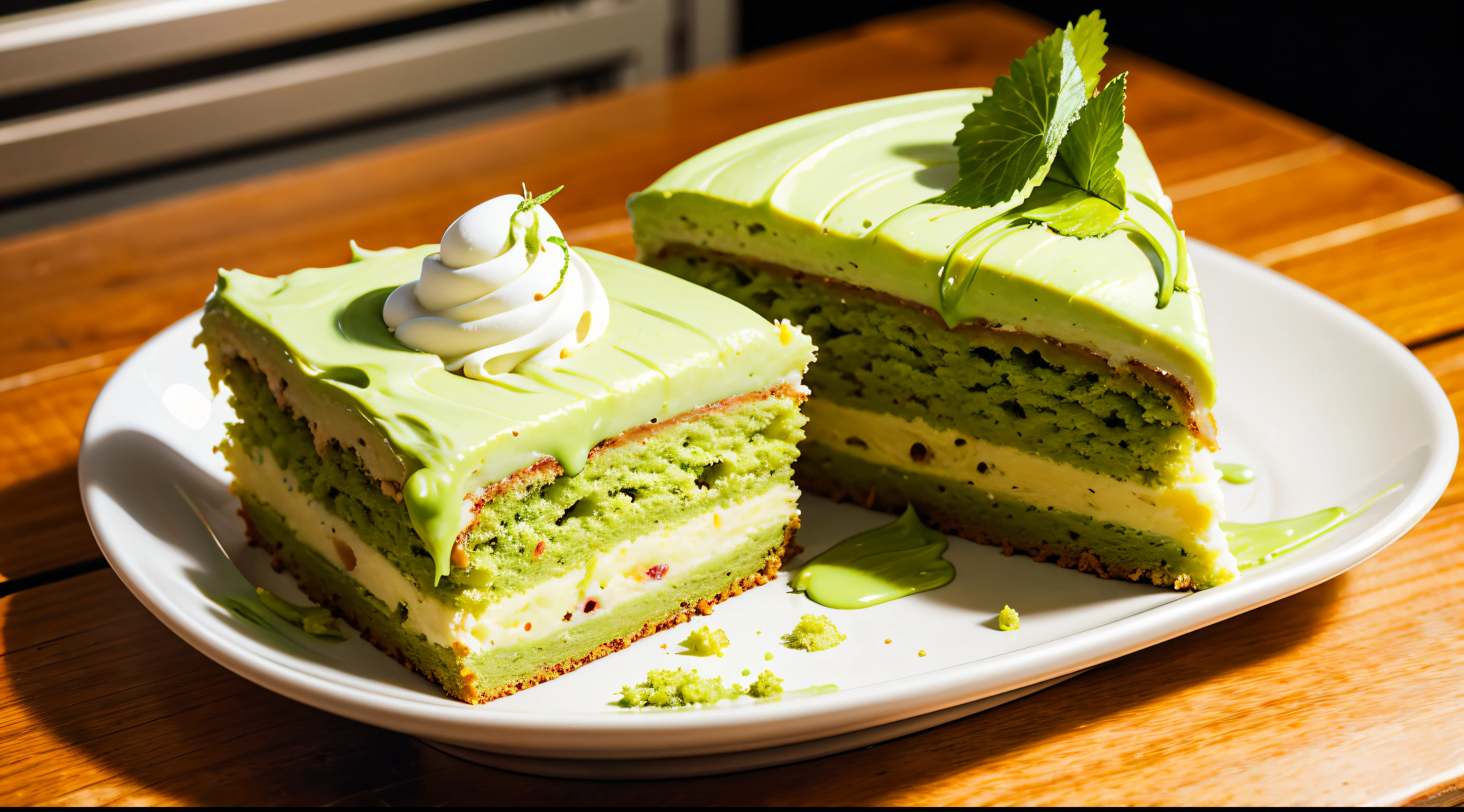 delicious matcha cake, photorealistic, yummy