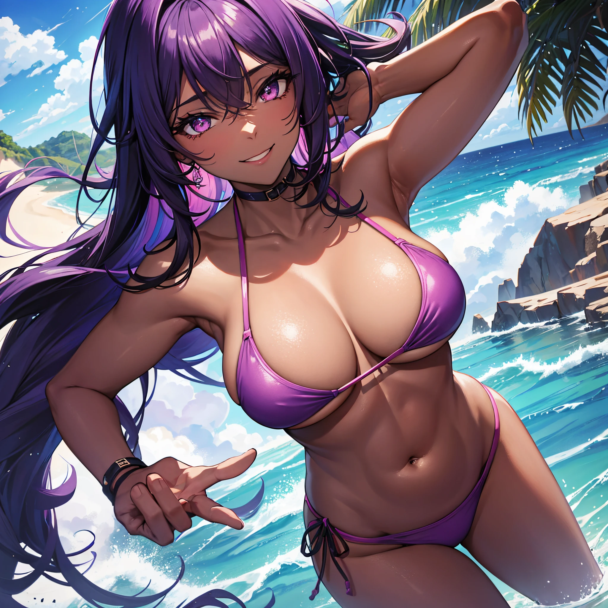 Mulher negra, dark skined, pose sexy, Smiling and soft expression, olhos multi-coloridos, purple pink left eye, olho direito azul anil com tom escuro, neon pink bikini outfit, salto alto, cabelos lisos cor roxo escuro com mechas rosas, seios grandes e firmes, coxas grandes e firmes, barriga definida, cenario de praia