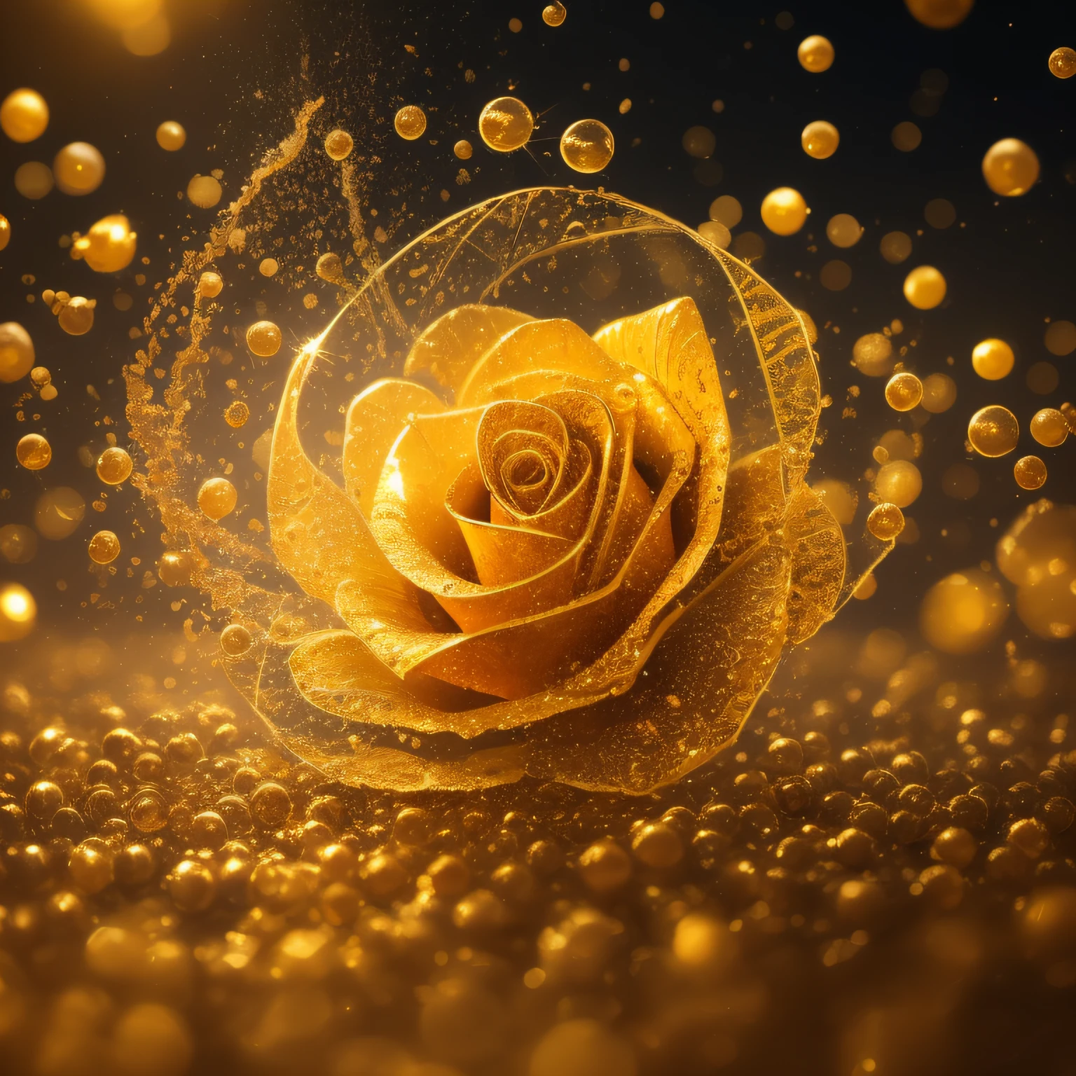 Liquid gold is poured onto starlight-infused paper roses, frozen, condensed beads, Sparks and lights in the air, Volumetric sunrise lighting, Amazing, sublimation, The beautiful, Complicated details, The image is clear and sharp, dynamic scene, Vibrant Prismatic Colors,
