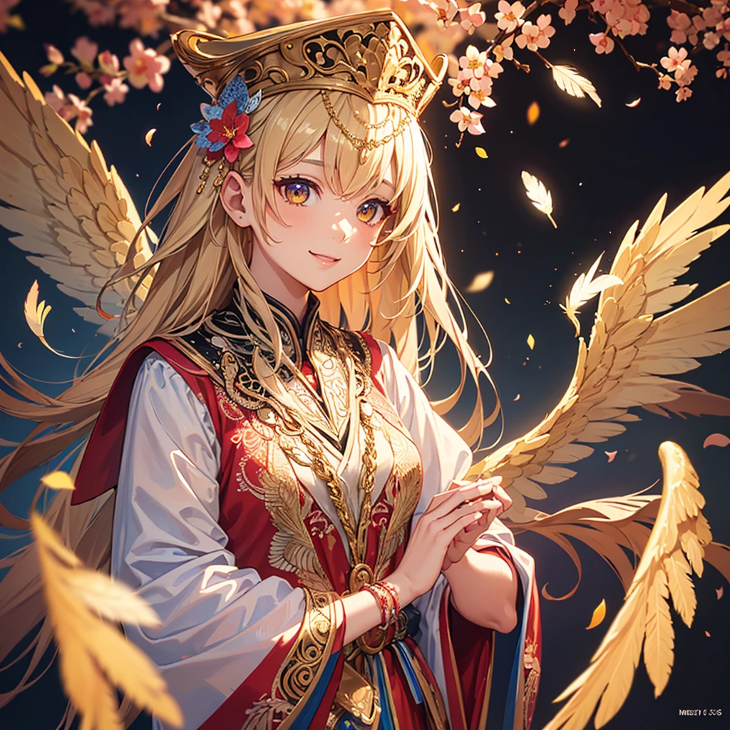 1girl in, masutepiece, Best Quality, Photorealistic, angelicales, spread that gold, Transparent wings are spreading, Academic Gowns, Academic Lobe, Mortarboard, Square Cap, university campus, cherryblossom, Smiling, Detailed uniforms, look at viewr, (Sigma 85mm f1.4), depth of fields, Bokeh, Detailed photorealistic backgrounds, diffused natural sunlight, diffused natural skin glow, Extremely detailed, (Abstract background, Zentangle, Fractal Art:1.3), (Many colors, Colorful:1.1), (Feathers, flower petals, Flowers:1.3),