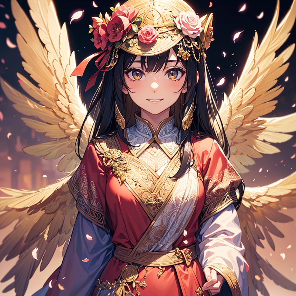 1girl in, masutepiece, Best Quality, Photorealistic, angelicales, spread that gold, Transparent wings are spreading, Academic Gowns, Academic Lobe, Mortarboard, Square Cap, university campus, cherryblossom, Smiling, Detailed uniforms, look at viewr, (Sigma 85mm f1.4), depth of fields, Bokeh, Detailed photorealistic backgrounds, diffused natural sunlight, diffused natural skin glow, Extremely detailed, (Abstract background, Zentangle, Fractal Art:1.3), (Many colors, Colorful:1.1), (Feathers, flower petals, Flowers:1.3),