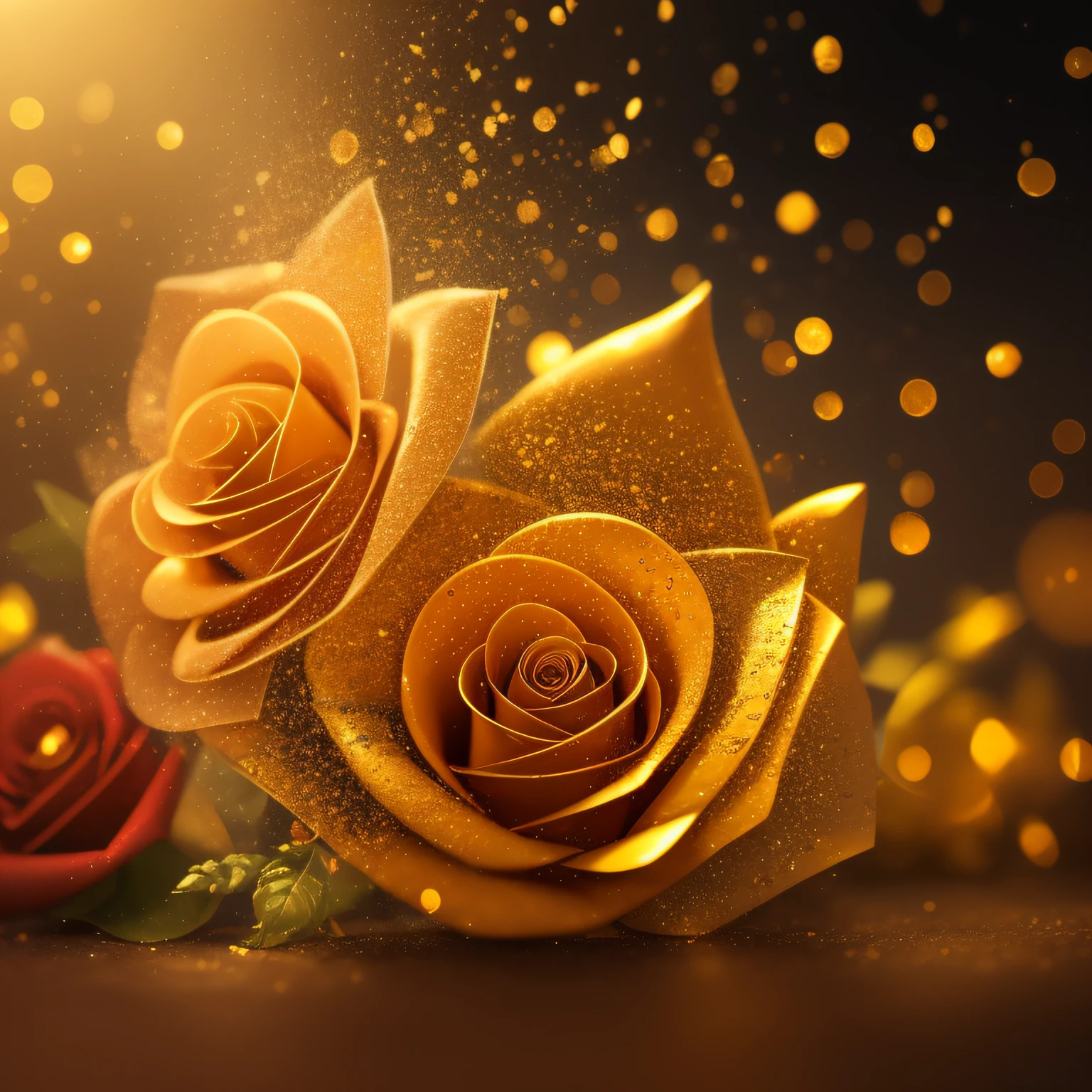 Liquid gold is poured onto starlight-infused paper roses, frozen, condensed beads, Sparks and lights in the air, Volumetric sunrise lighting, Amazing, sublimation, The beautiful, Complicated details, The image is clear and sharp, dynamic scene, Vibrant Prismatic Colors,