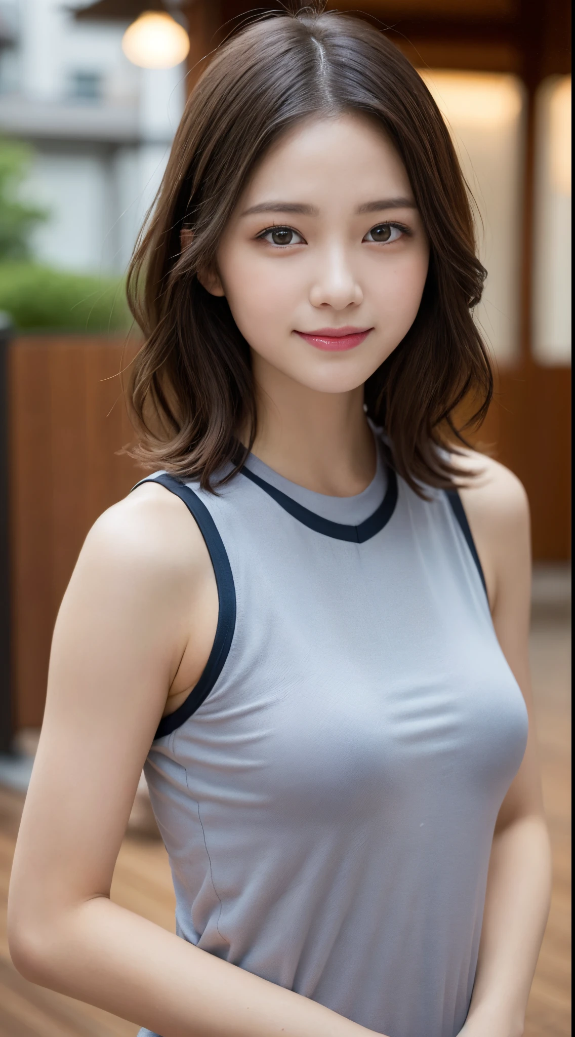 masutepiece, Best Quality, Photorealsitic, finely detail, hight resolution, 8K Wallpapers, Perfect dynamic composition, Beautiful detailed eyes, Medium short wavy hair,gray training wear、Body wet with sweat、Breast bulge、yoga pose、Beautiful armpits、A smile、bokeh feeling、natural、wood floor、25-years old、(Drooping eyes 1.3)、Adult beauty、japanes、extremely detailed fingers