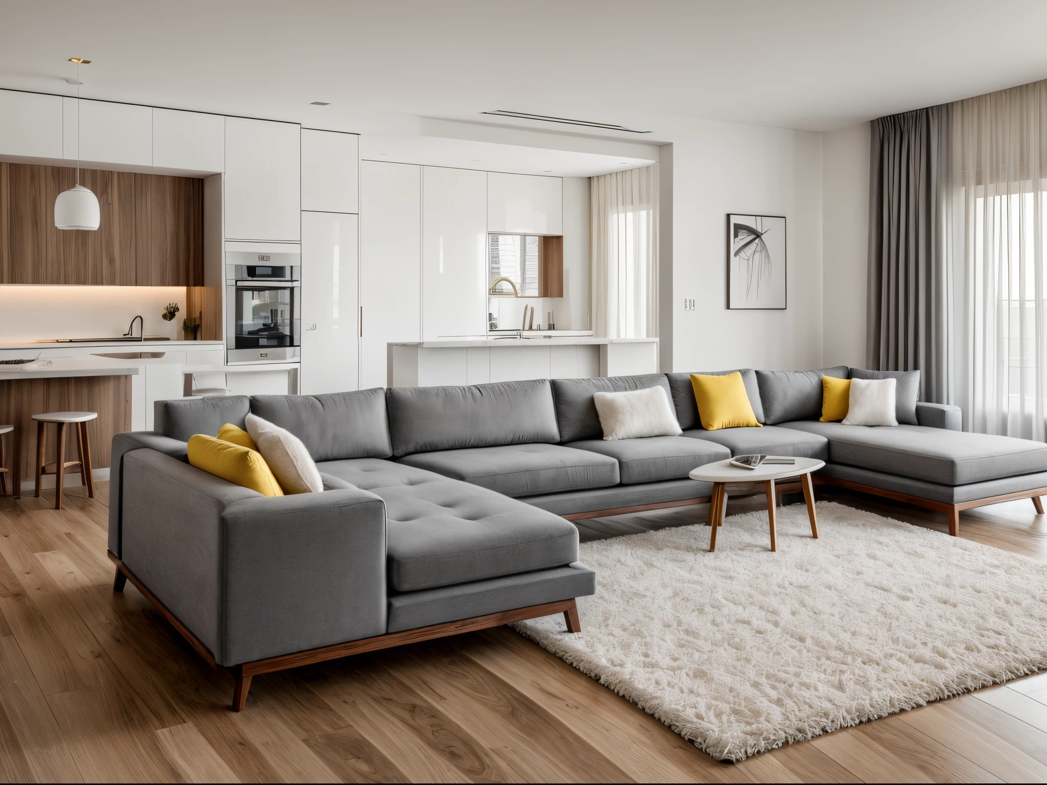 RAW photo, interior, modern and luxurious living room in minimalist style, natural display, covered with yellow wooden floors with a combination of gray, WHITE, blue and granite, with lines Simple lines and shapes, neat geometric design (with white fabric sofa and white fur rug), two green fishing pots on both sides of the sofa, walnut wood cabinet; combined with cinematic lighting, art trends, studio photos, intricate details, luxury and spaciousness, beautiful, 8k uhd, dslr, soft light, high quality, film grain, Fujifilm XT3