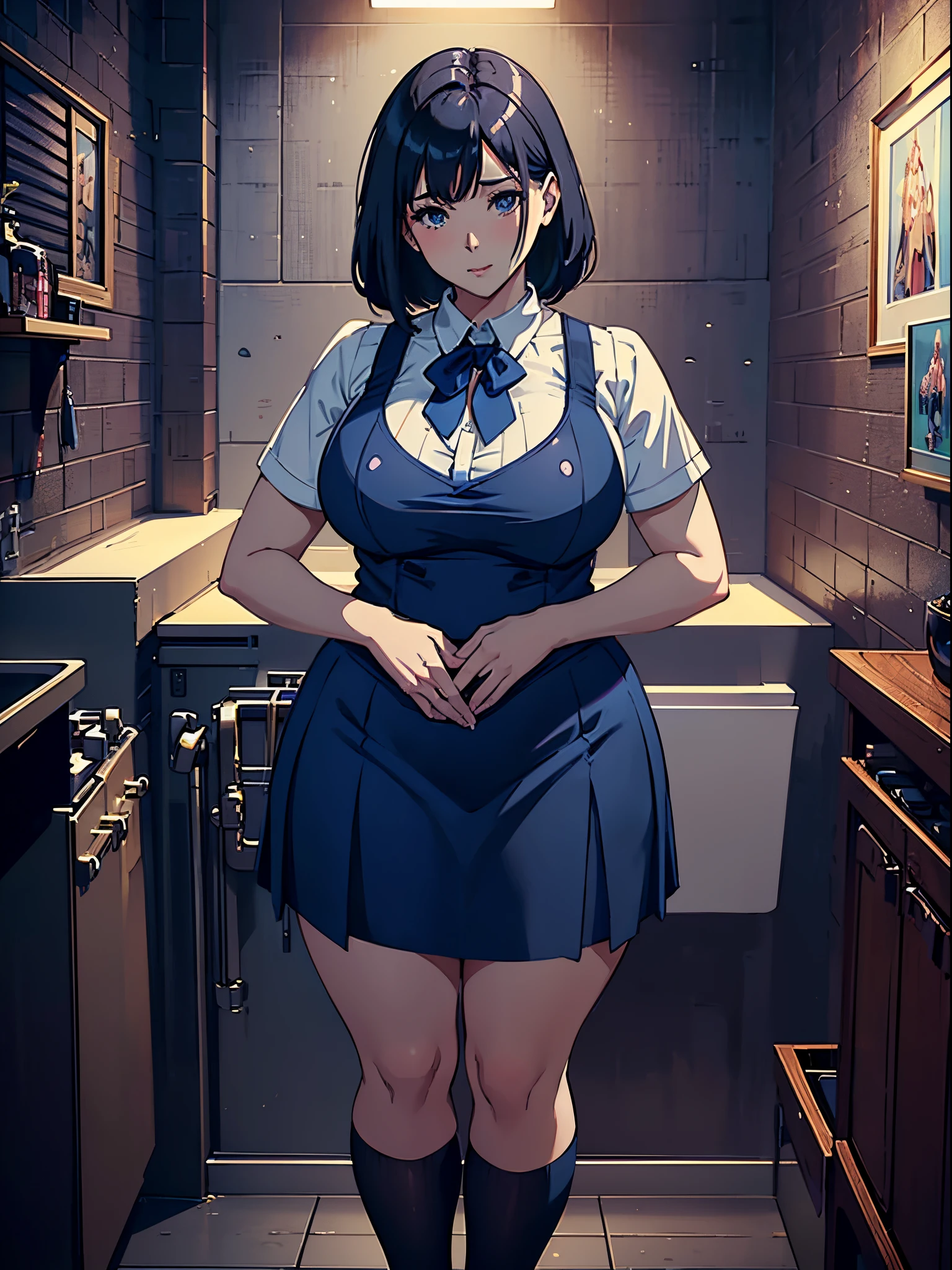 Woman wearing blue suspender skirt posing for photo, Full-figured，In the bathroom，[ 4K realism ]!!, [ 4K realism ]!!!, [ 4K digital art ]!!, Realistic shadow perfect body, realisticlying!!!!!!!art-style， photorealistic anime， by Shitao， Popular topics on cgstation， Casual pose， realistic anime 3D style