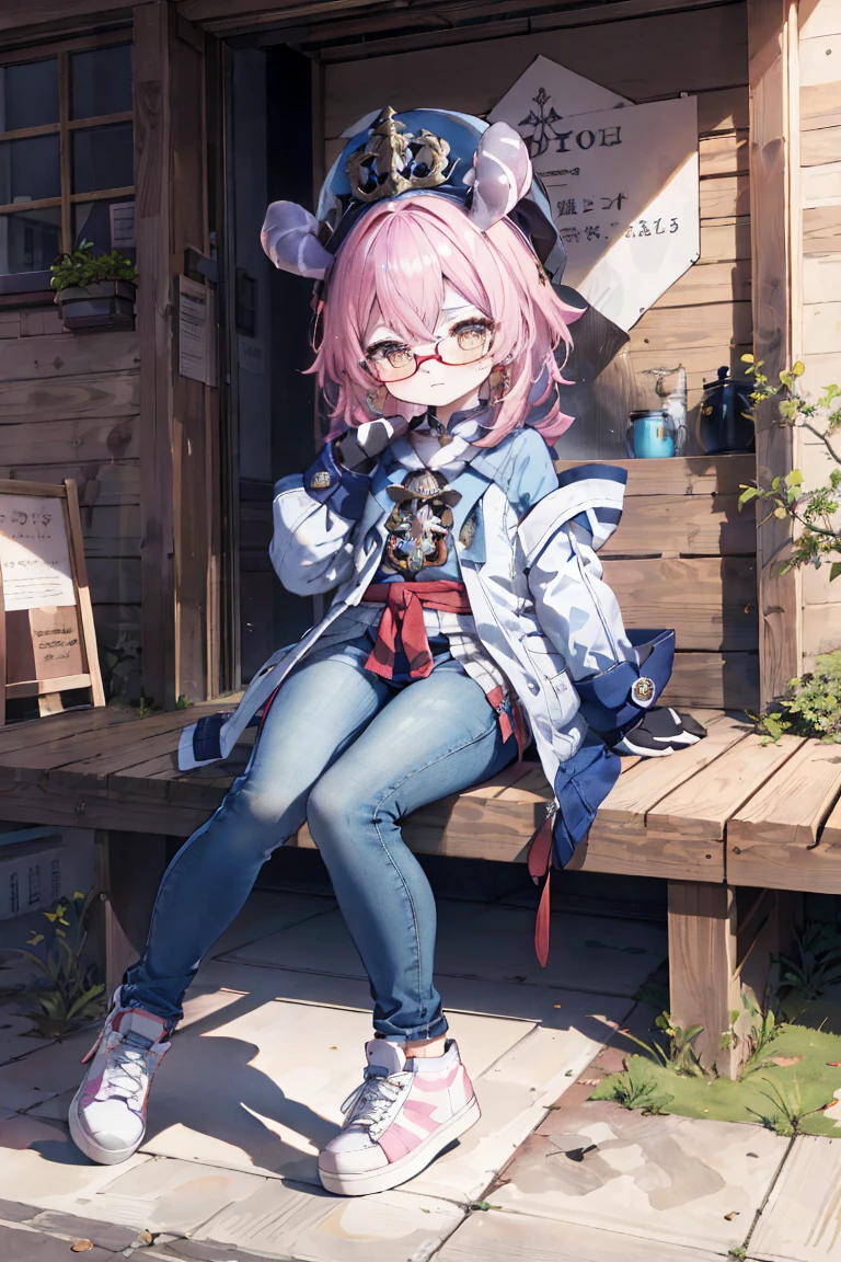 Melousine|genshin impact, masterpiece, bestquality,3 girl,young girl, Long Jeans, Wear glasses, long-haired, pink hair,unstable _Front,oily shiny skin,flat chest,nice leg line:1.3,thick thighs, thin-waist,, red_streaks_light_wrap_dress, white_platform_sneakers, woven_El_bag, straw_headgear, gold_hoop_earrings, jacket, modern looking city, long jeans city scenery,looking at the audience,From Top:1.2,dynamic angle