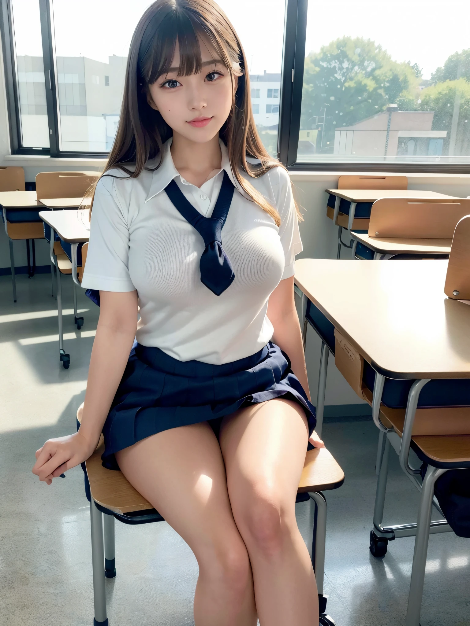 8k,best quality, masterpiece, ultra detailed, ultra high res, photorealistic, raw photo, absurdres, absolutely resolution, 1girl, full body, looking at viewer,a Japanese young pretty woman, hyper cute face, glamorous figure, large breasts,long bob hair,smile,(school uniform:1.3),beautiful eyes, ,windy, (I'm sitting in a chair in a classroom:1.3),glossy lips, double eyelids in both eyes, natural makeup, long eyelashes, shiny smooth light brown long bob hair, asymmetrical bangs, shiny skin, central image, high resolution, high detailing, detailed hairstyle, detailed face, spectacular movie lighting, octane rendering, vibrant, hyper realistic, perfect limbs, perfect anatomy