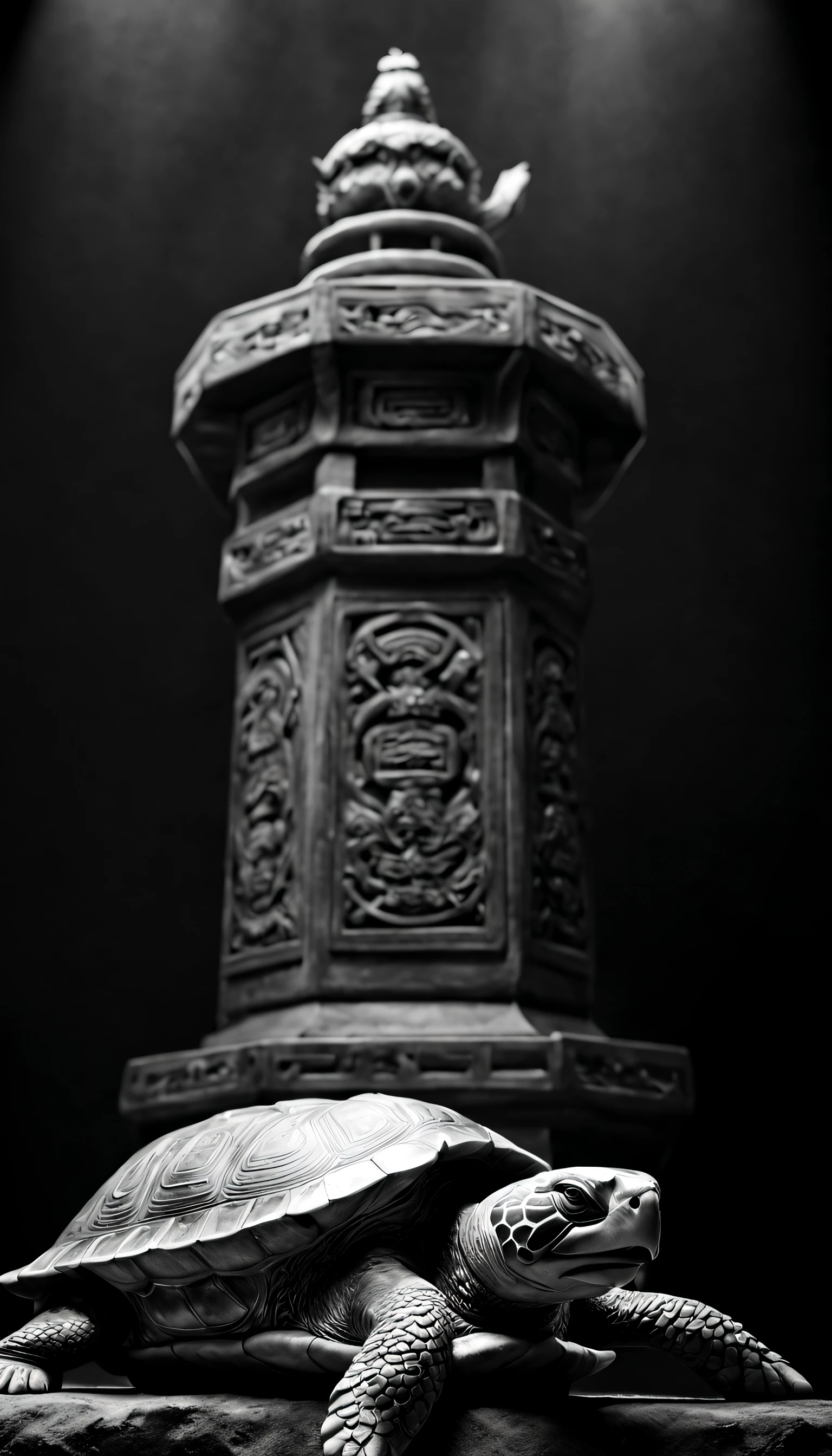 A giant ancient Chinese Huabiao column behind a turtle,lightand shade contrast,(Black and White Ultra HD Photography,) Majesty,a gorgeous, Wet with, Sateen, light contrast light, ultra-realistic realism,with black background, big breasts beautiful, naturalistic, lightand shade contrast, studio photography, studio portraits
