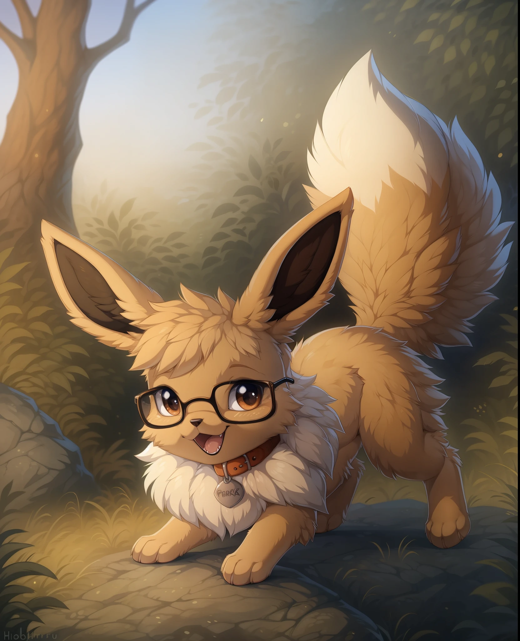 [by Hioshiru],furry, Feral, Pokemon, Long fluffy hair, glasses, eevee,  Happy, canine paws, paws for hands, short height, shortstack, crawling, heavy, collar, walkies, perk