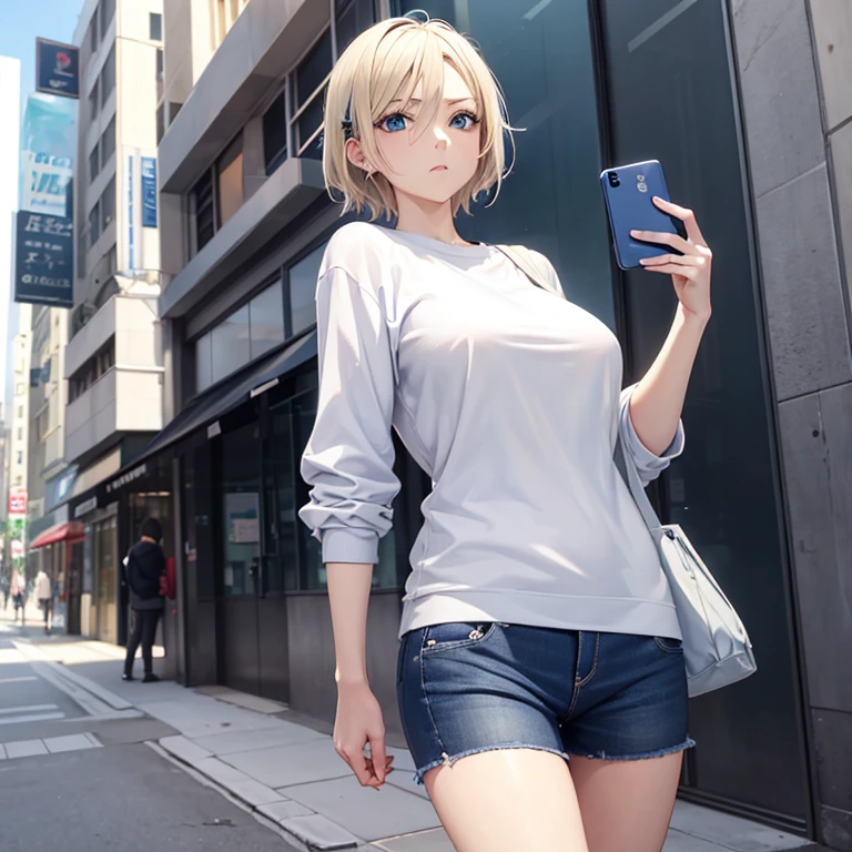 2D Anime Style、Blue eyes、breasts are slightly larger、A cool adult woman with short blonde hair and a troubled expression.............、wearing a sweatshirt setup,Hold your smartphone in your left hand,Walking around the city alone,