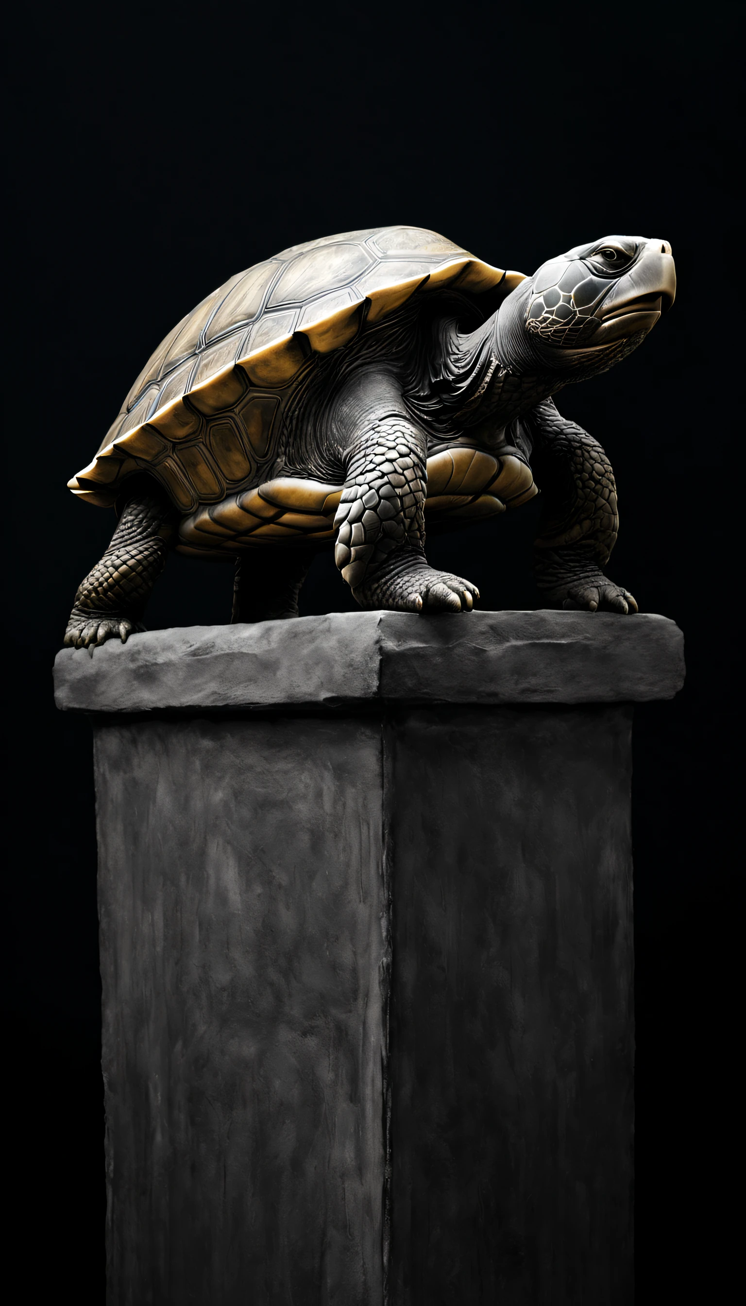 A tall turtle with its head raised,Huge ancient Chinese Huabiao Pillar,lightand shade contrast,(Black and White Ultra HD Photography,) Majesty,a gorgeous, Wet with, Sateen, light contrast light, ultra-realistic realism,with black background, big breasts beautiful, naturalistic, lightand shade contrast, studio photography, studio portraits