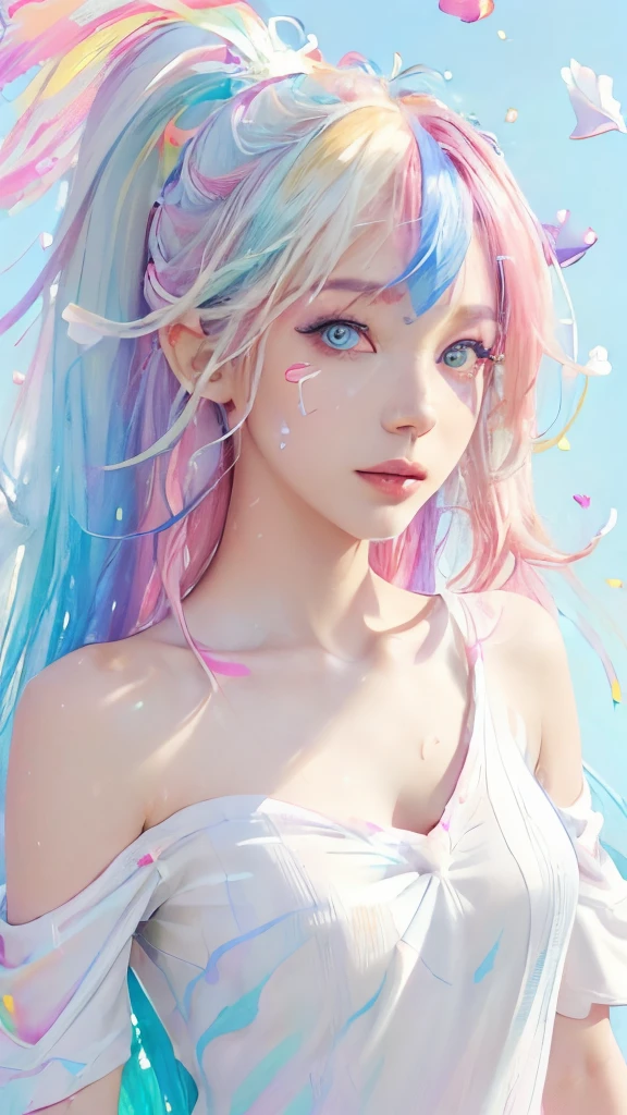 （Pink Fashion T-shirt：1.9），(Colorful hair: 1.8), (all the colours of the rainbow: 1.8),(((((vertical painting：1.6))), （painting：1.6），front, comics, illustrations, paintings, large eyes, crystal clear eyes,（ rainbow color gradient high ponytail：1.7）, exquisite makeup, closed mouth,(Small Fresh: 1.5),(Wipe Chest: 1.6) ，long eyelashes, white off shoulder T-shirt,  White Shoulder Shirt，looking at the audience, large watery eyes, (rainbow colored hair：1.6), color splash, （solo：1.8）, color splash, color explosion, thick paint style, messy lines, ((shining))，(colorful), (colorful), (colorful), colorful, Thick Paint Style, (Splash) (Color Splash), Vertical Painting, Upper Body, Paint Splash, Acrylic Pigment, Gradient, Paint, Highest Image Quality, Highest Quality, Masterpiece, Solo, Depth of Field, Face Paint,  colorful clothes, (Elegant: 1.2), gorgeous,long hair, wind, (Elegant: 1.3), (Petals: 1.4)，(((masterpiece))),(((best quality))),((ultra-detailed)),(illustration),(dynamic angle),((floating)),(paint),((disheveled hair)),(solo),(1girl) , (((detailed anima face))),((beautiful detailed face)),collar,bare shoulders,white hair, ((colorful hair)),((streaked hair)),beautiful detailed eyes,(Gradient color eyes),(((colorful eyes))),(((colorful background))),(((high saturation))),(((surrounded by colorful splashes))),