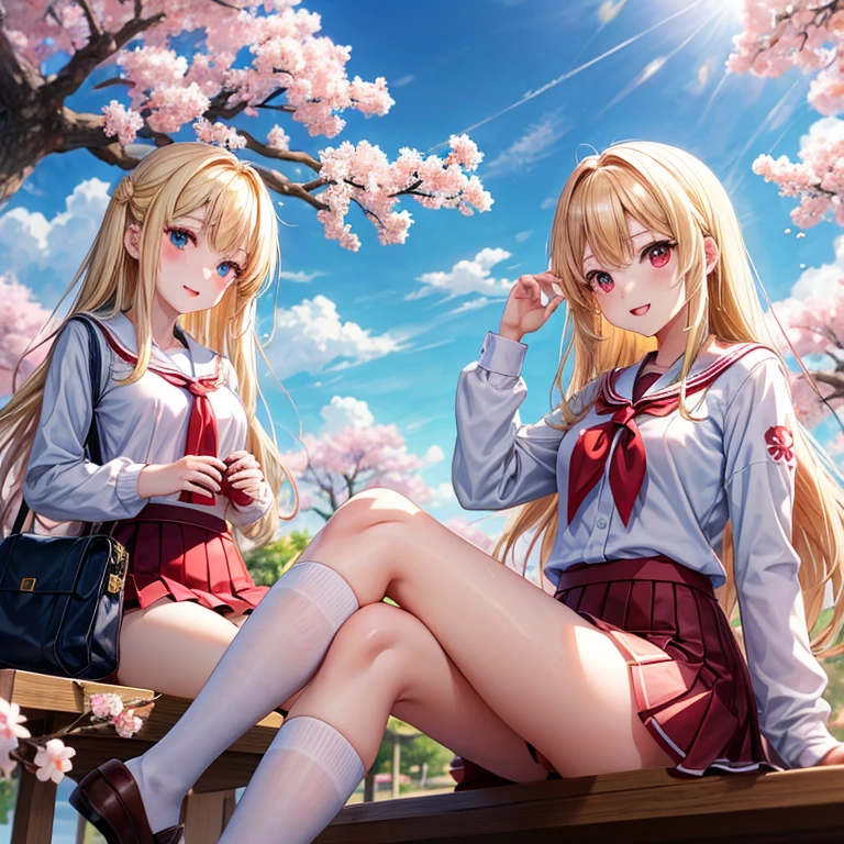 a blond、red eyes、One pretty girl、animesque、student clothes、a miniskirt、early evening、sitting on、cherry trees